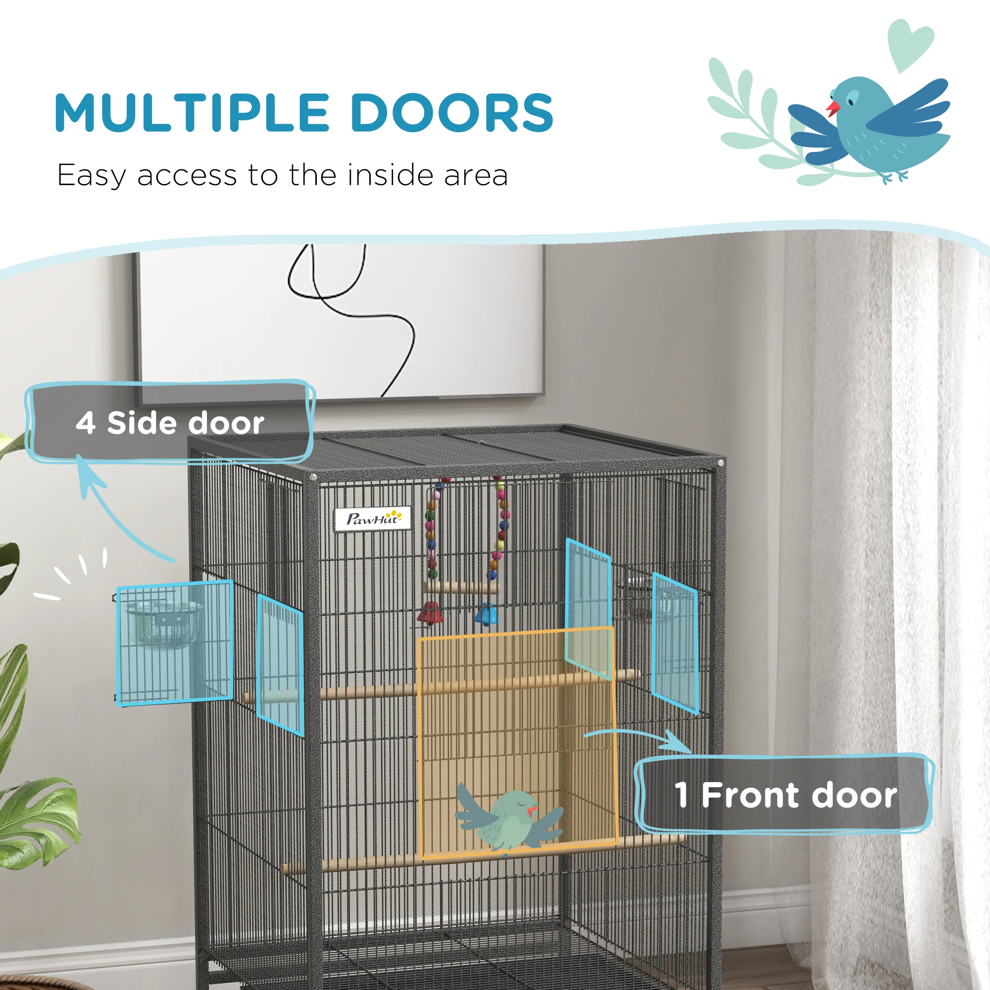 PawHut Bird Cage with Rolling Stand for Small Birds - Grey - Image 2