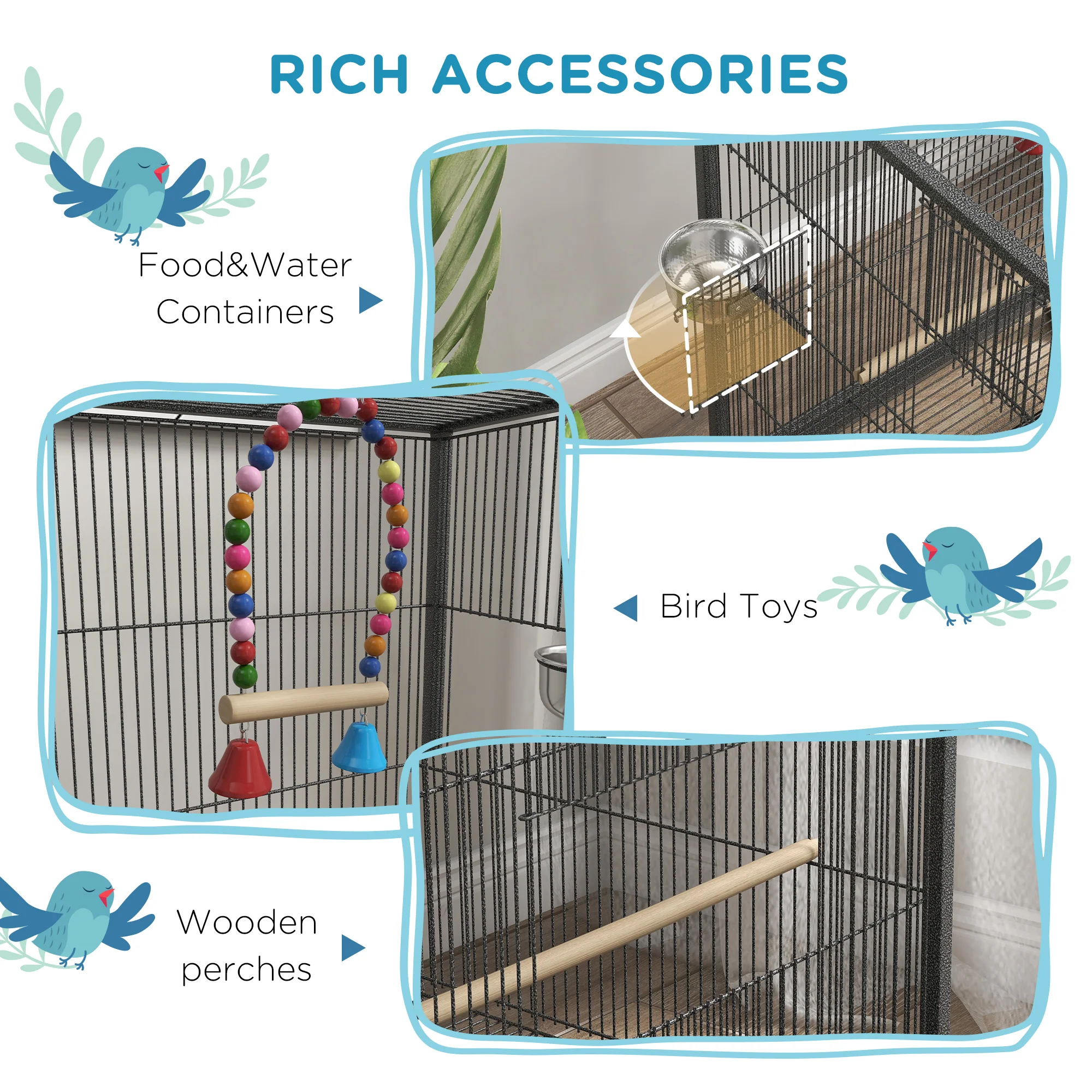 PawHut Bird Cage with Rolling Stand for Small Birds - Grey - Image 3