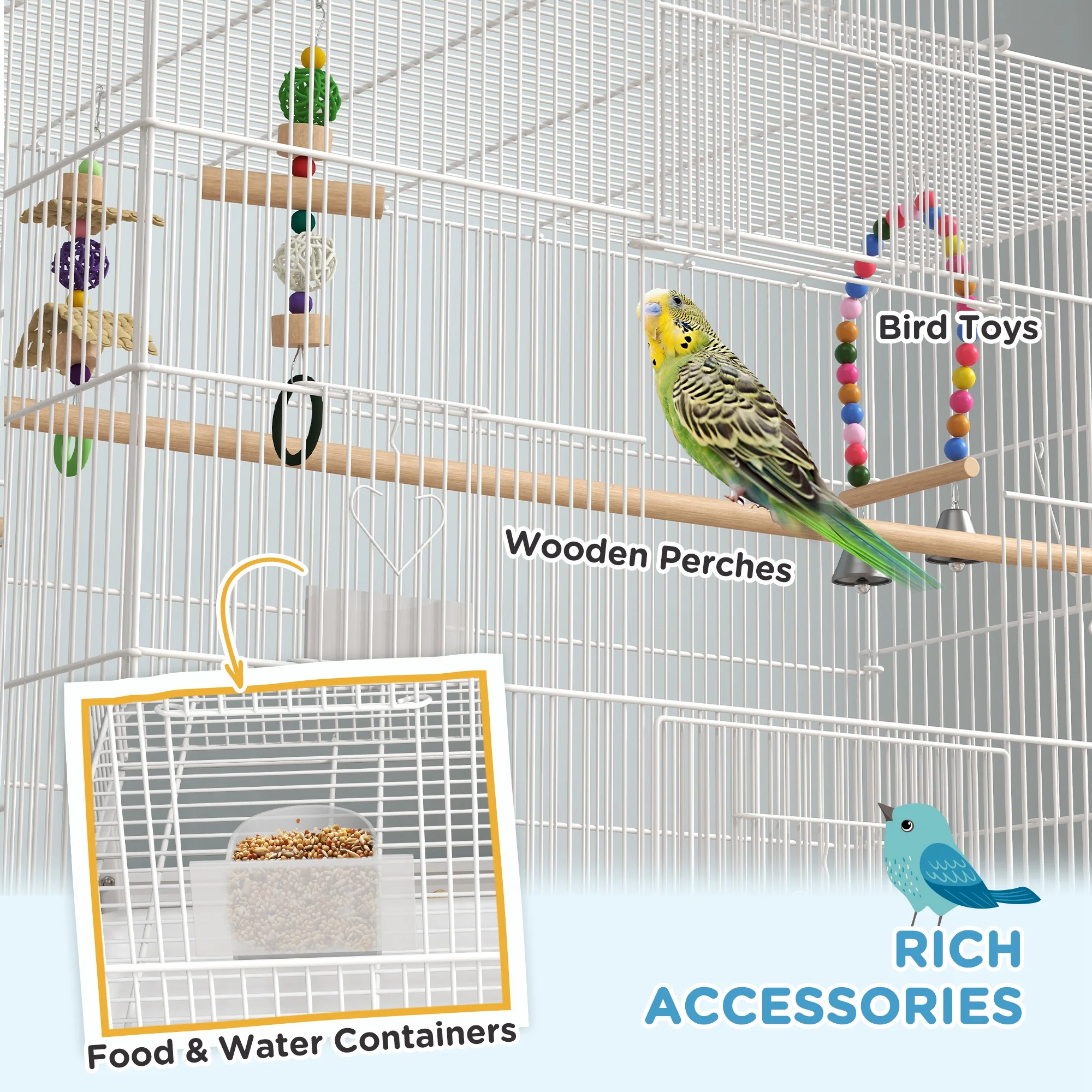 PawHut Bird Cage With Stand, Wheels, Toys, For Budgies, Finches, White - Image 4