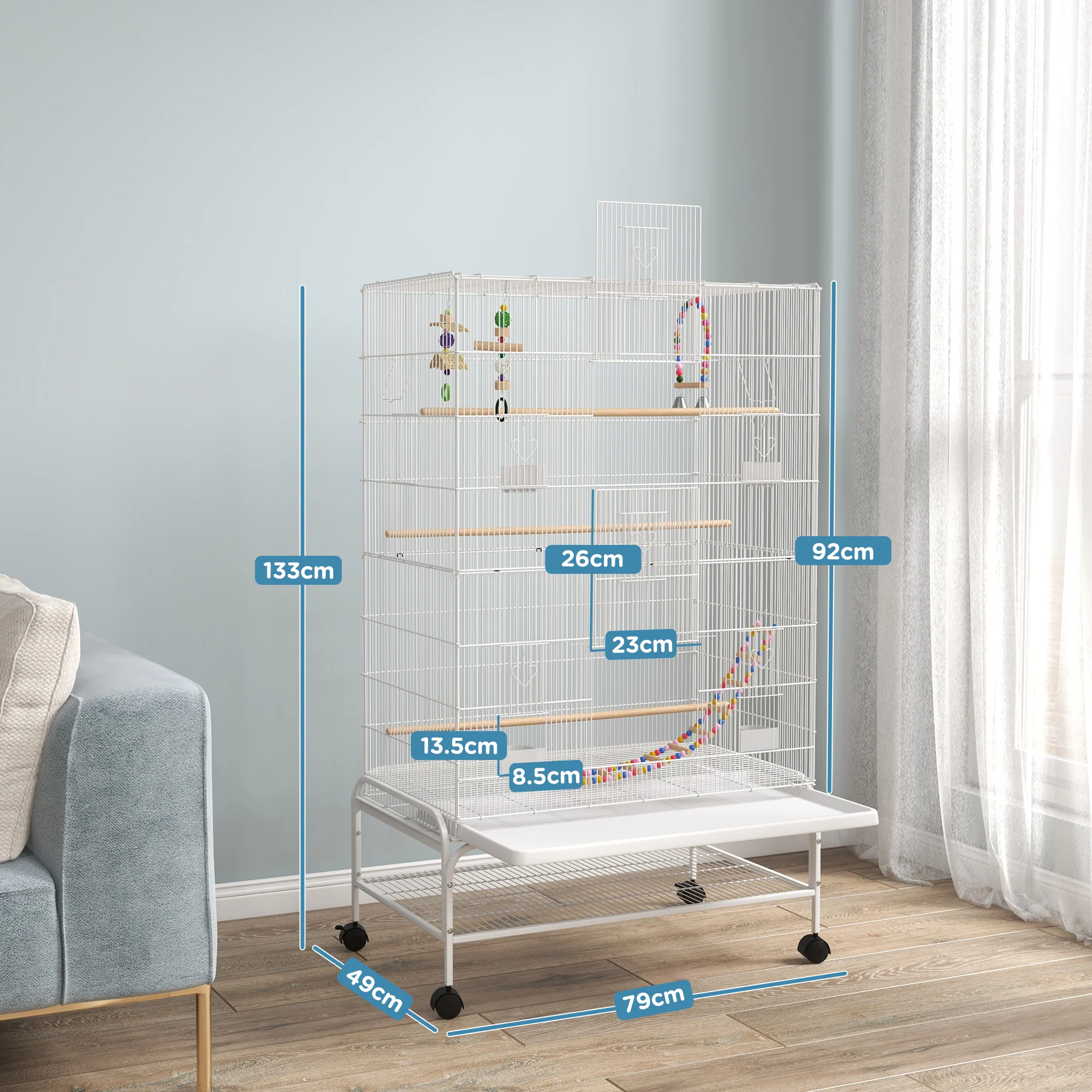 PawHut Bird Cage With Stand, Wheels, Toys, For Budgies, Finches, White - Image 5