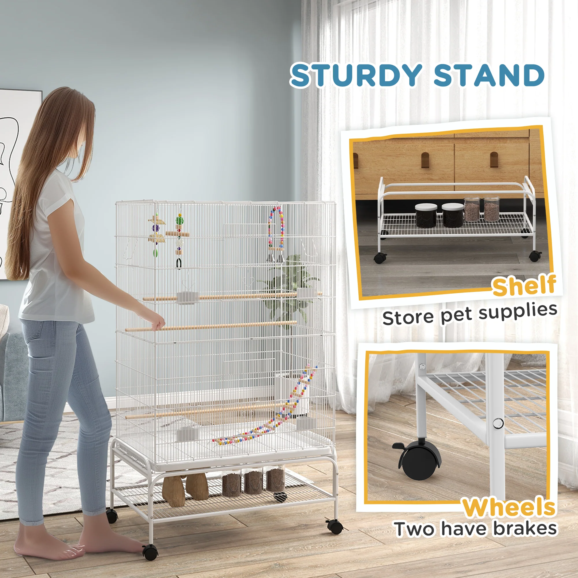 PawHut Bird Cage With Stand, Wheels, Toys, For Budgies, Finches, White - Image 7