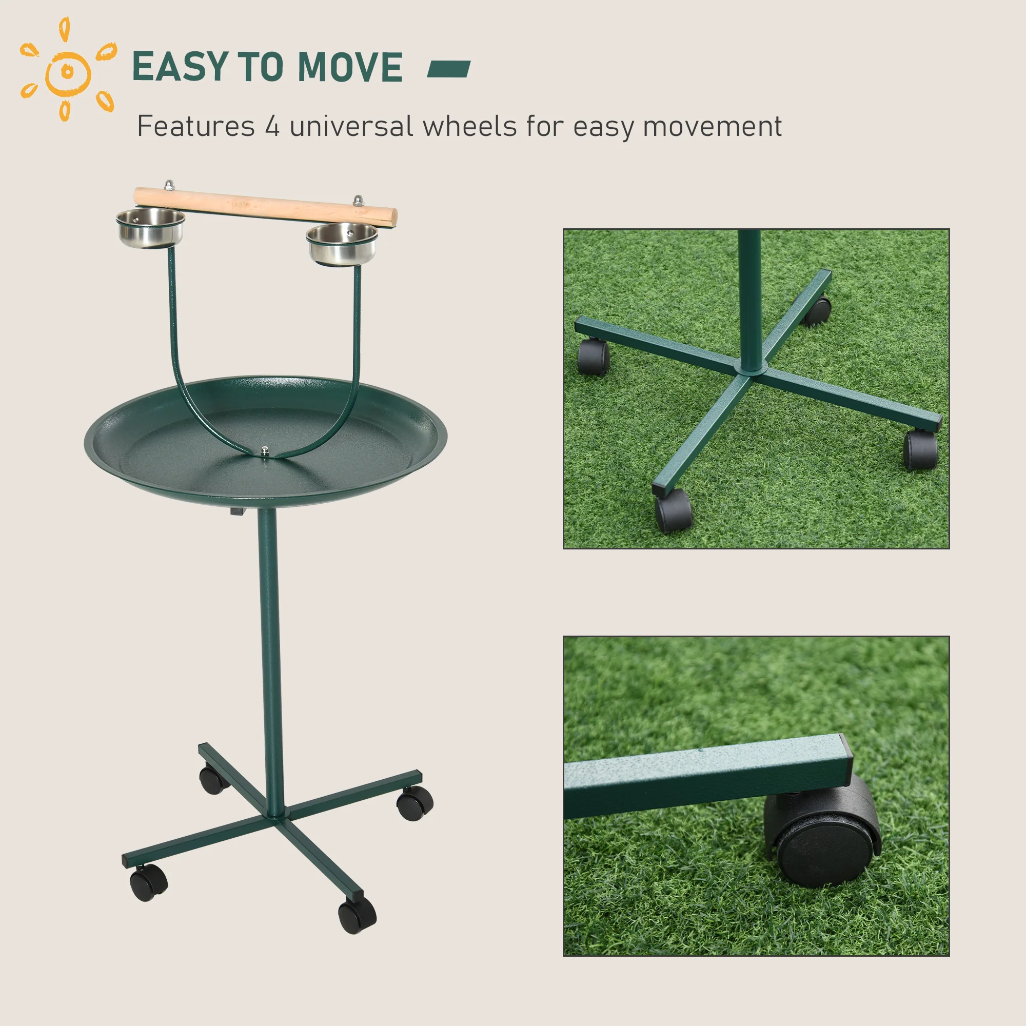 PawHut Bird Perch Stand, T-Stand Bird Training with Perch, Wheels, Bowls, Green - Image 6