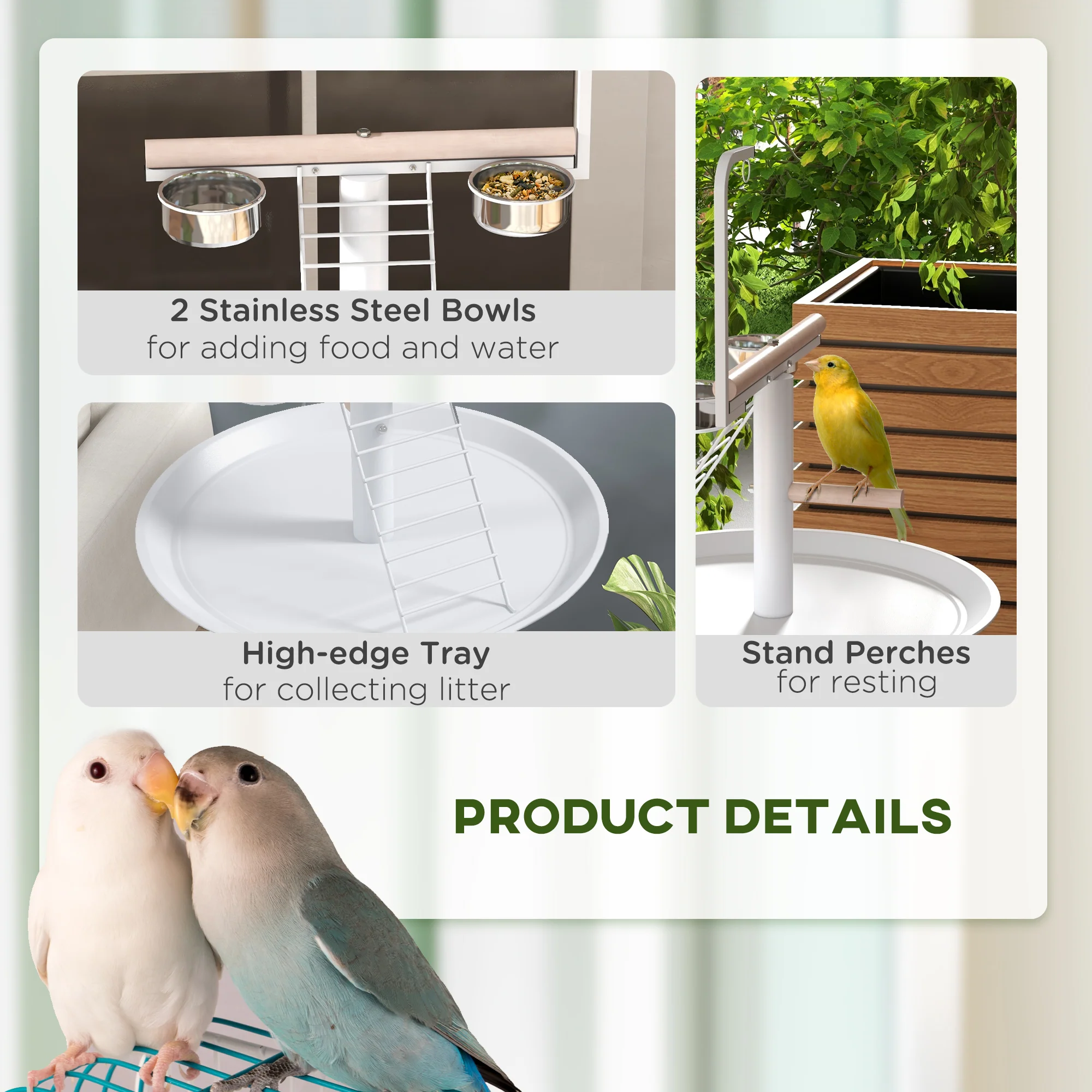 PawHut Bird Table With Four Wheels, Perches, Stainless Steel Bowls, Round Tray - Image 6