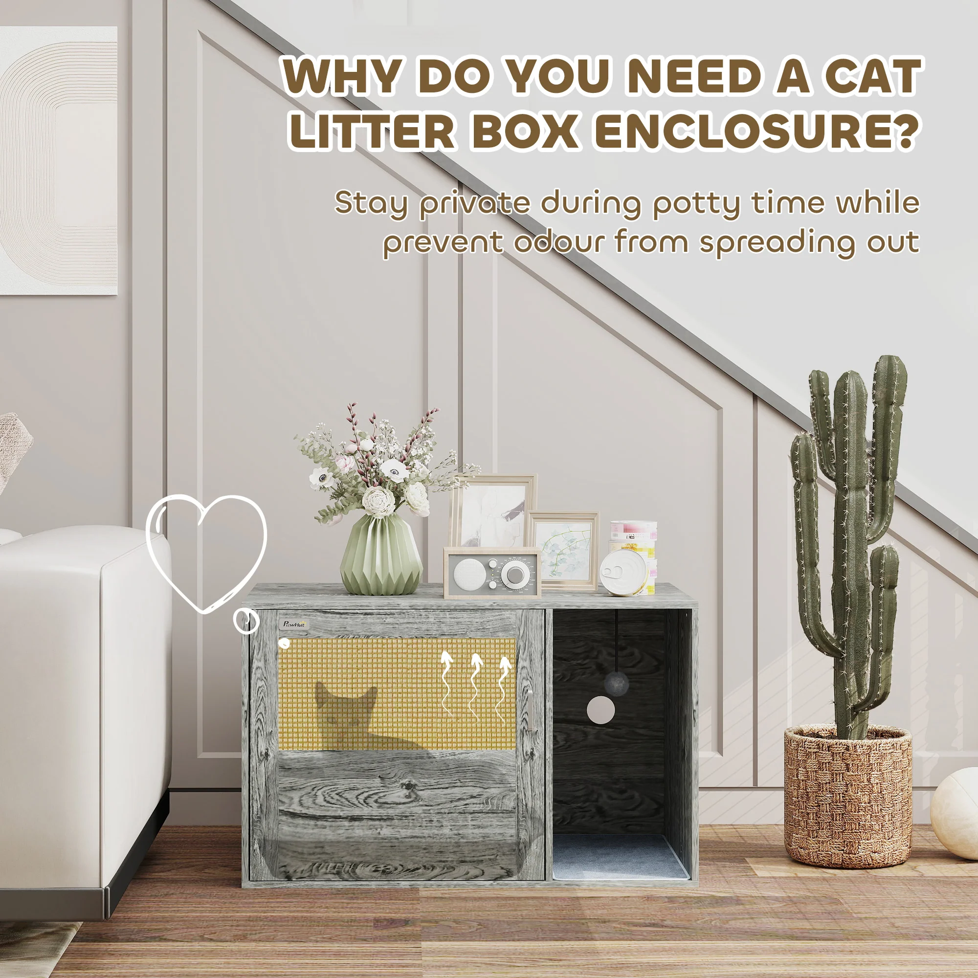 PawHut Boho Style Cat Litter Box Enclosure With Rattan Door, Scratching Mat - Image 4