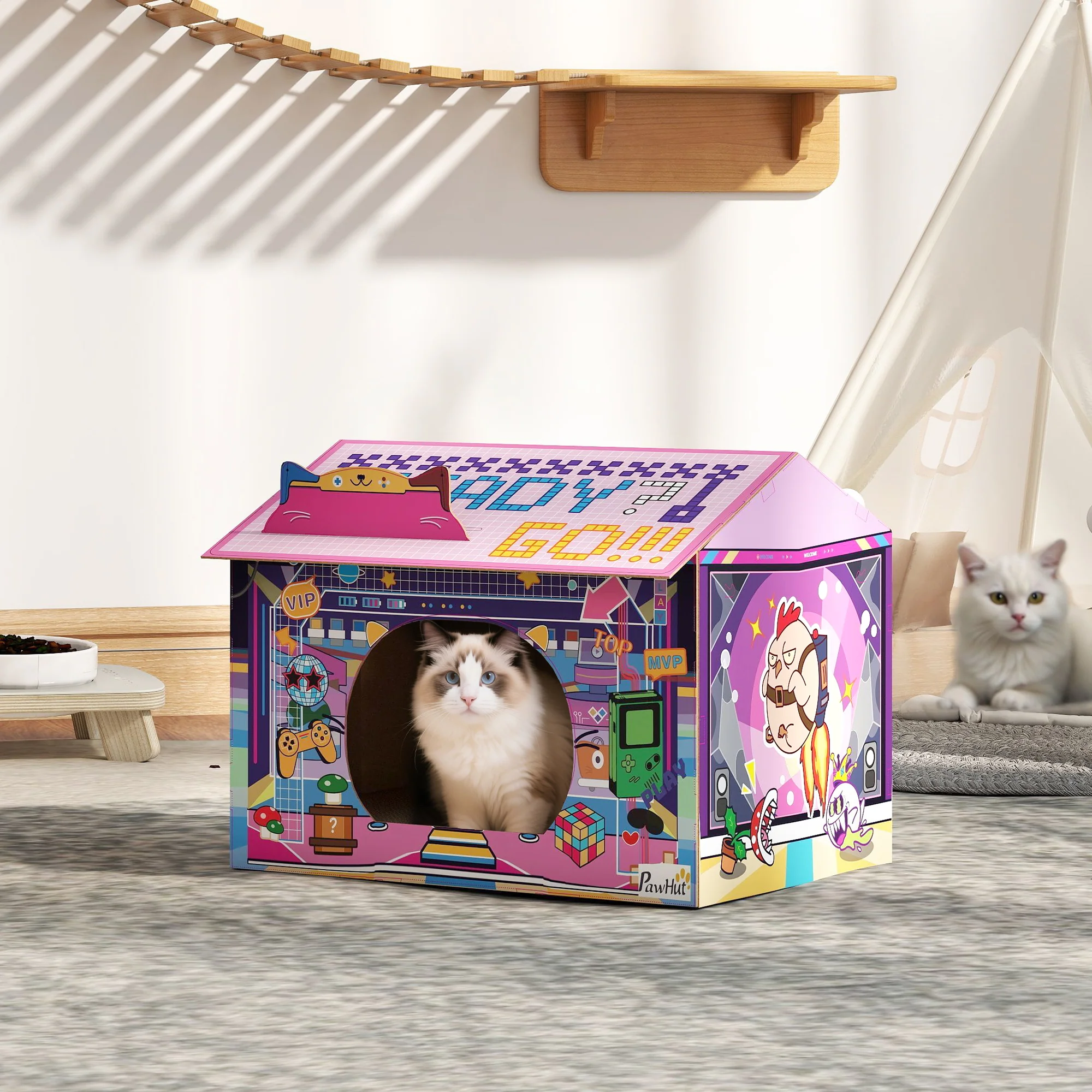 PawHut Cardboard Cat House With Scratching Board & Catnip, Gaming Style - Image 2