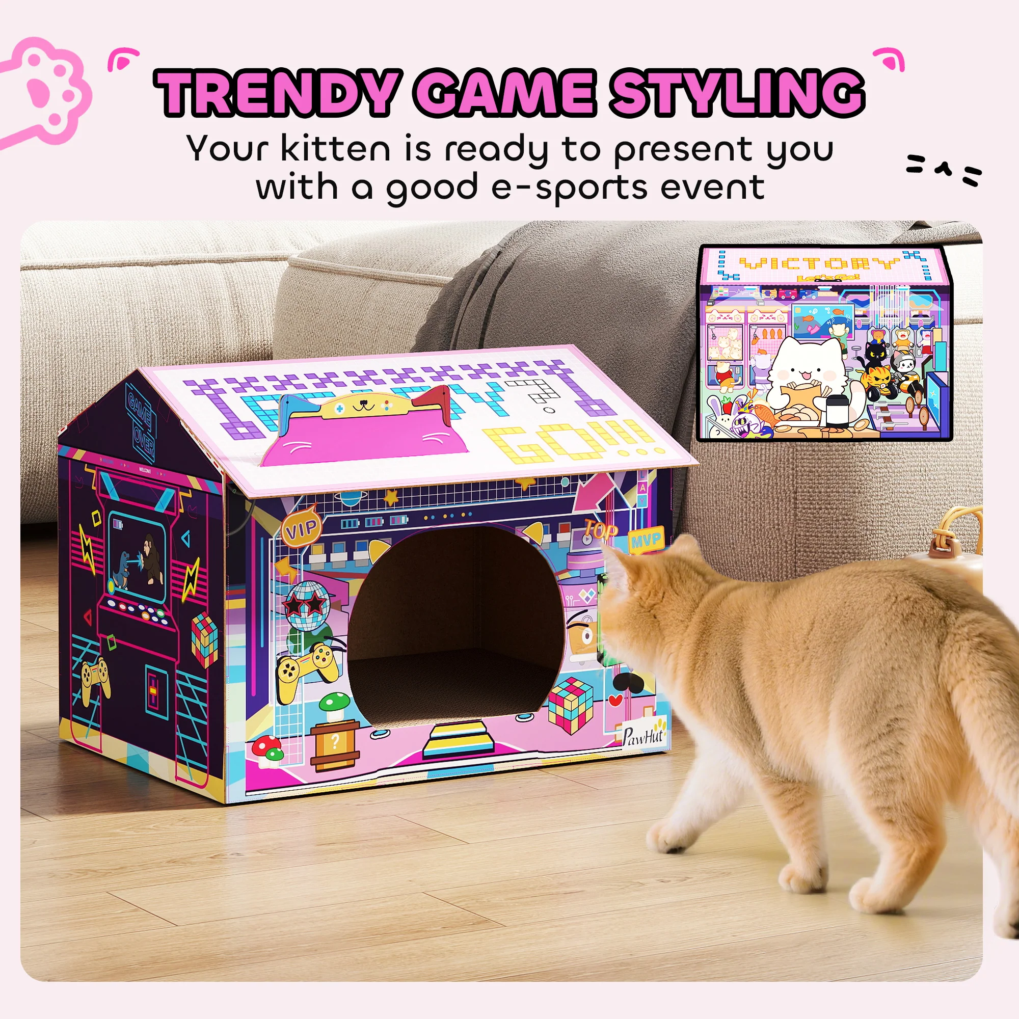 PawHut Cardboard Cat House With Scratching Board & Catnip, Gaming Style - Image 3