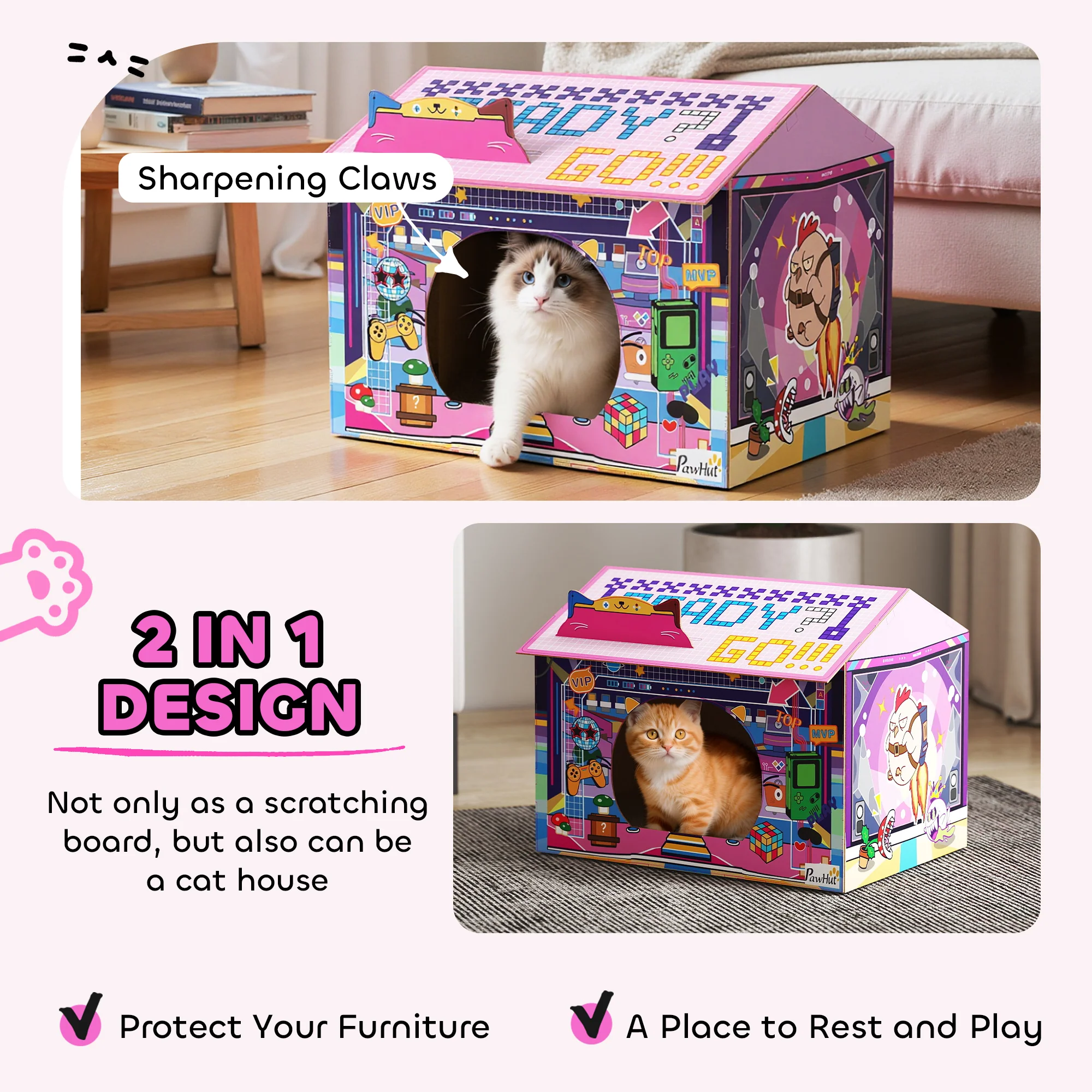 PawHut Cardboard Cat House With Scratching Board & Catnip, Gaming Style - Image 4