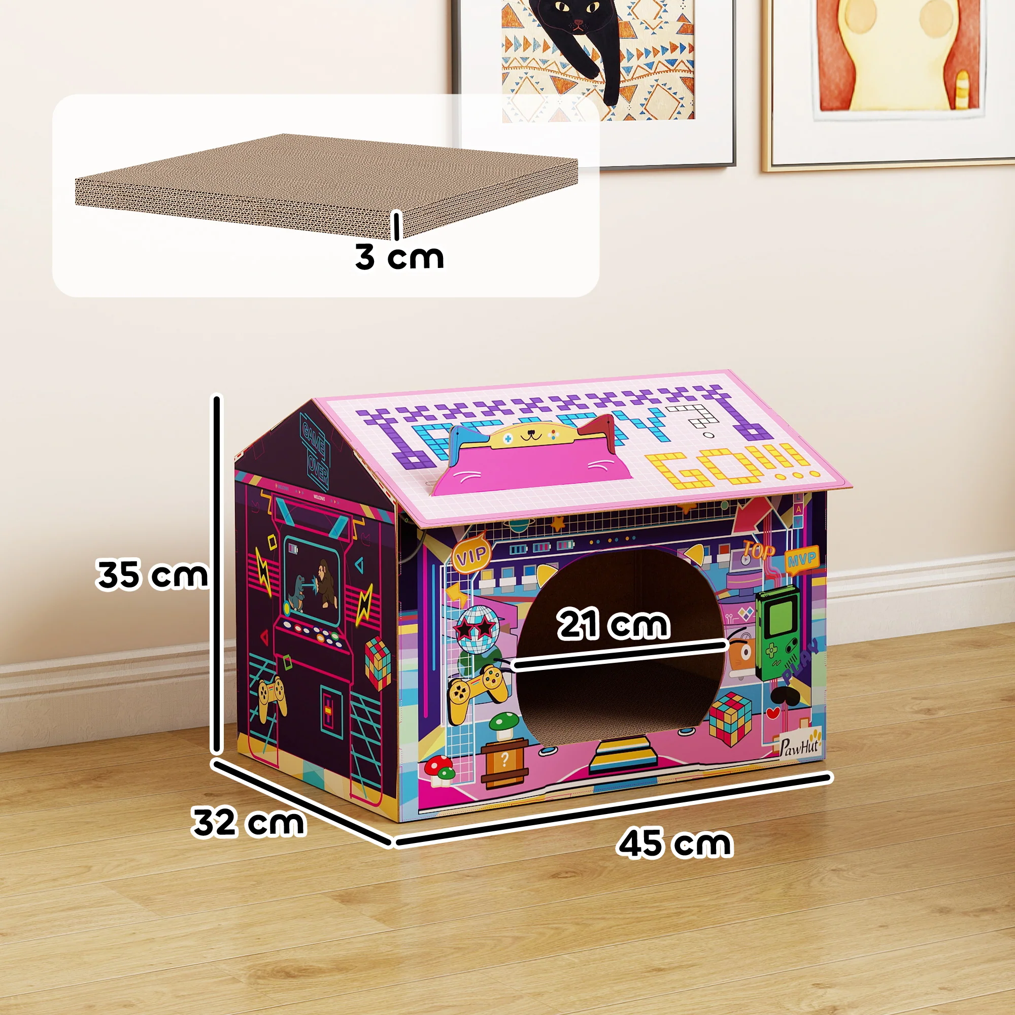 PawHut Cardboard Cat House With Scratching Board & Catnip, Gaming Style - Image 5