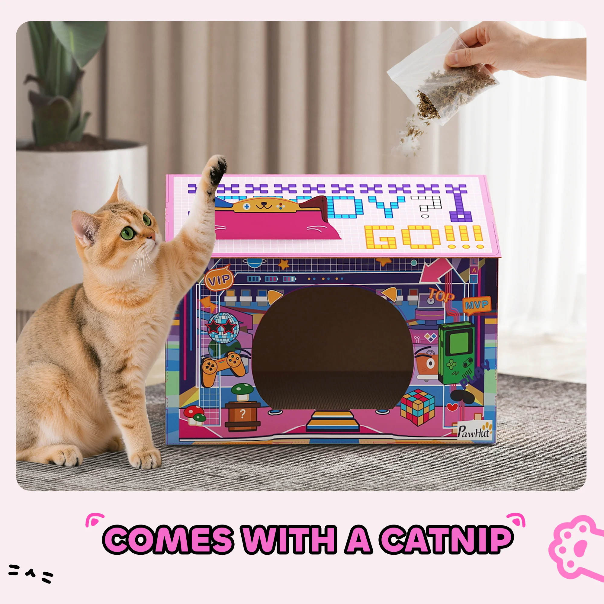 PawHut Cardboard Cat House With Scratching Board & Catnip, Gaming Style - Image 6
