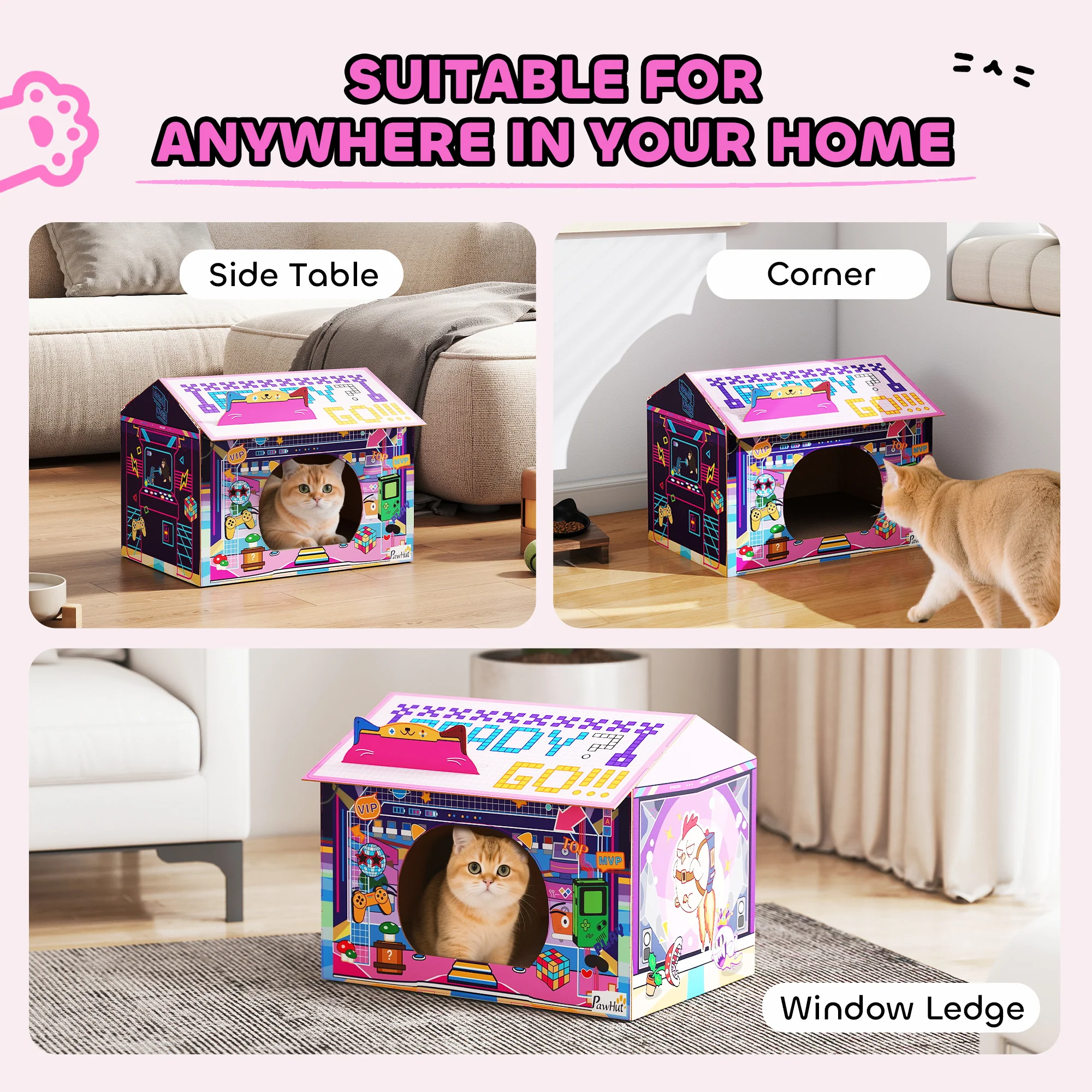 PawHut Cardboard Cat House With Scratching Board & Catnip, Gaming Style - Image 7