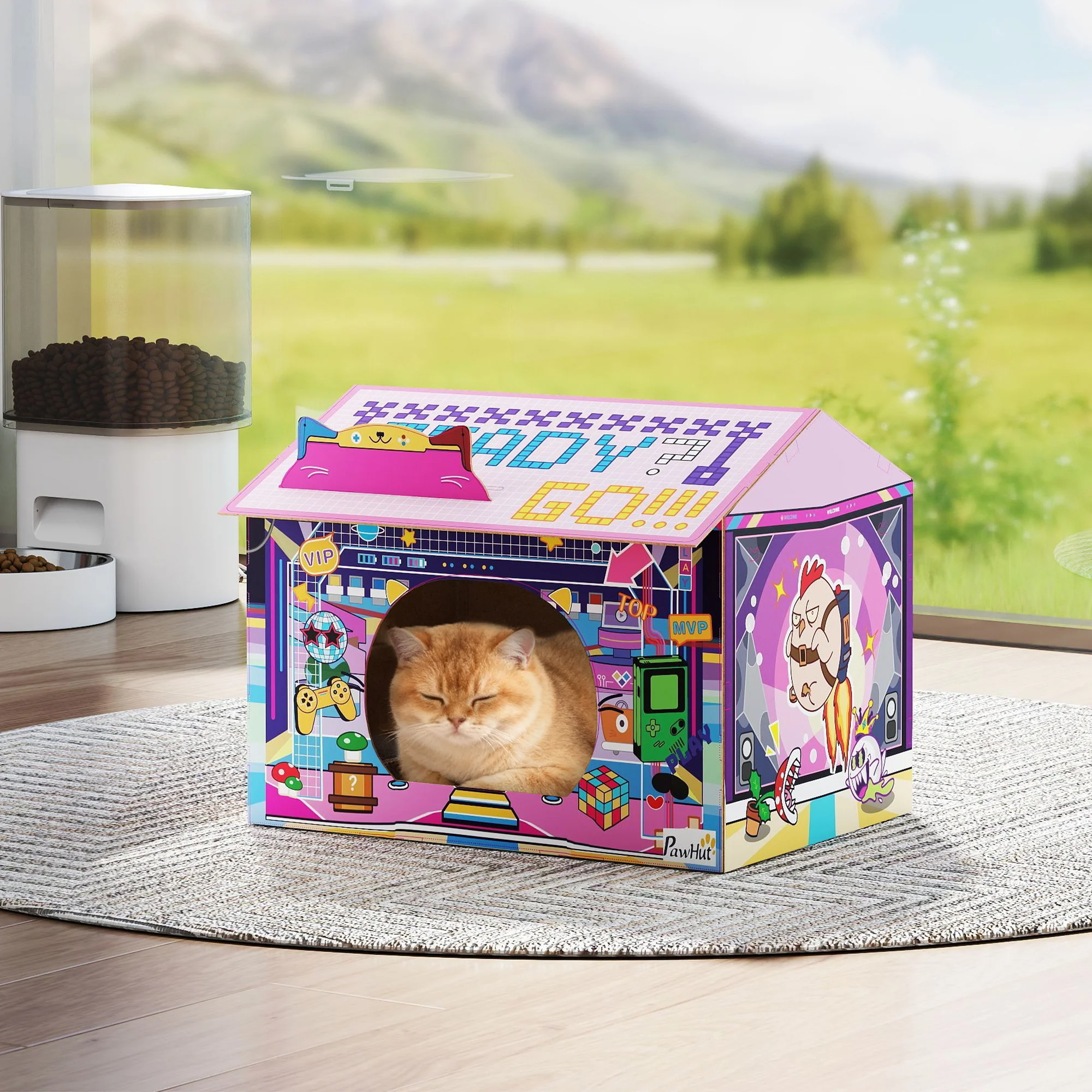 PawHut Cardboard Cat House With Scratching Board & Catnip, Gaming Style - Image 8