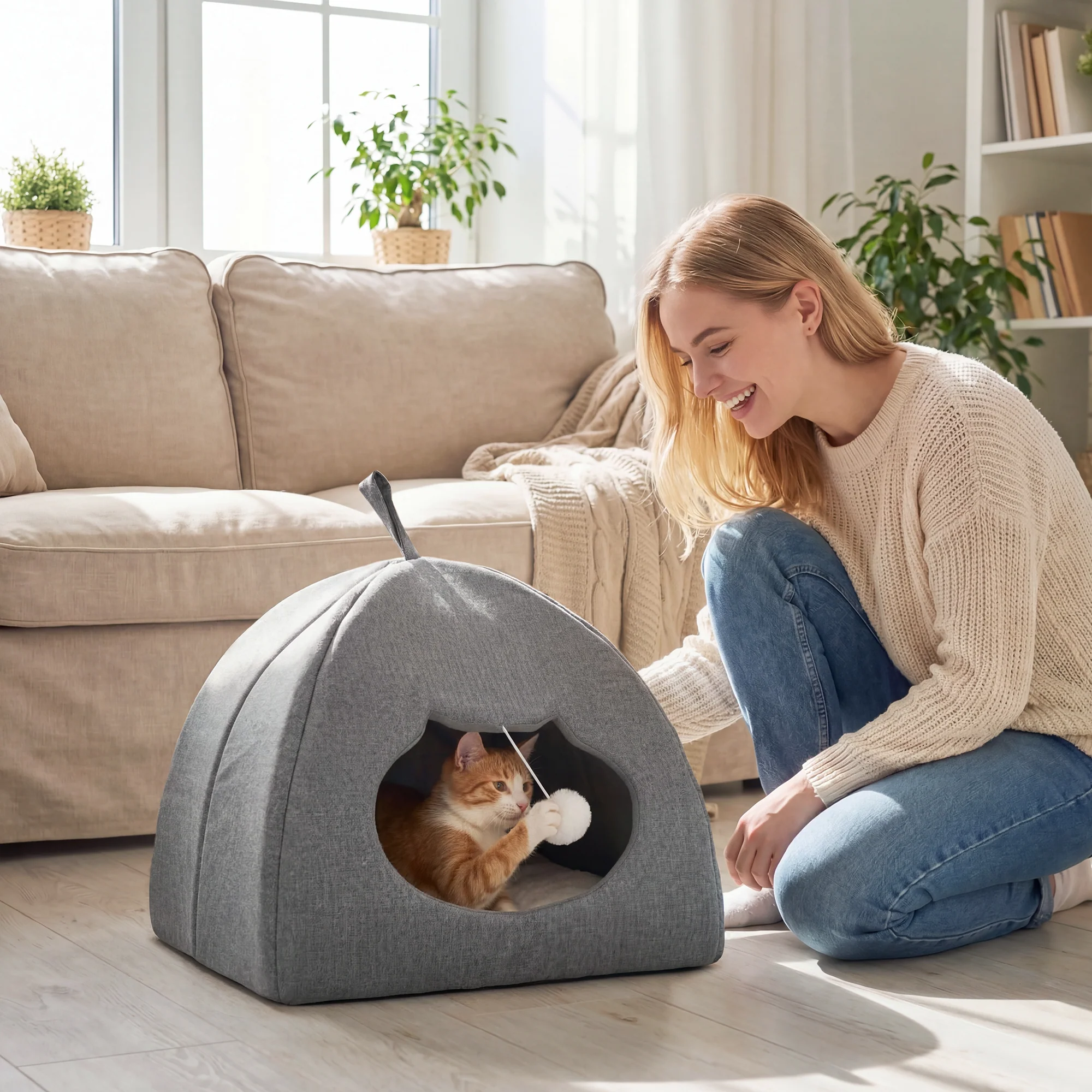 PawHut Cat Cave, Cat House With Removable Cushion For Indoor Kittens - Image 2