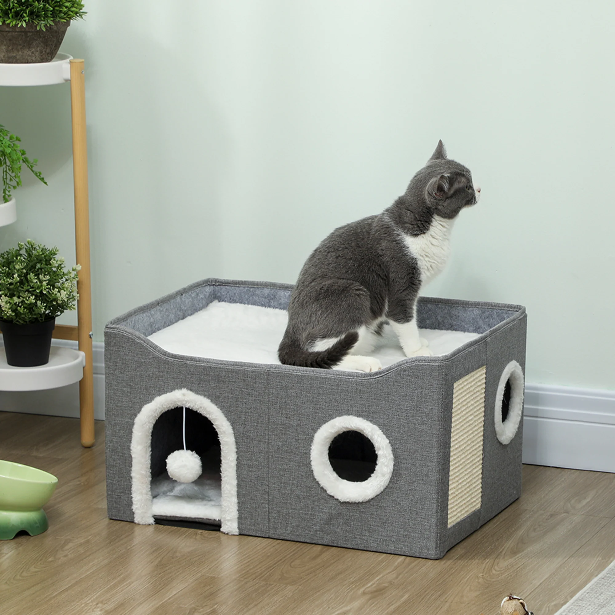 PawHut Cat Bed Cave With Fluffy Ball And Scratch Pad For Indoor Pets - Image 2