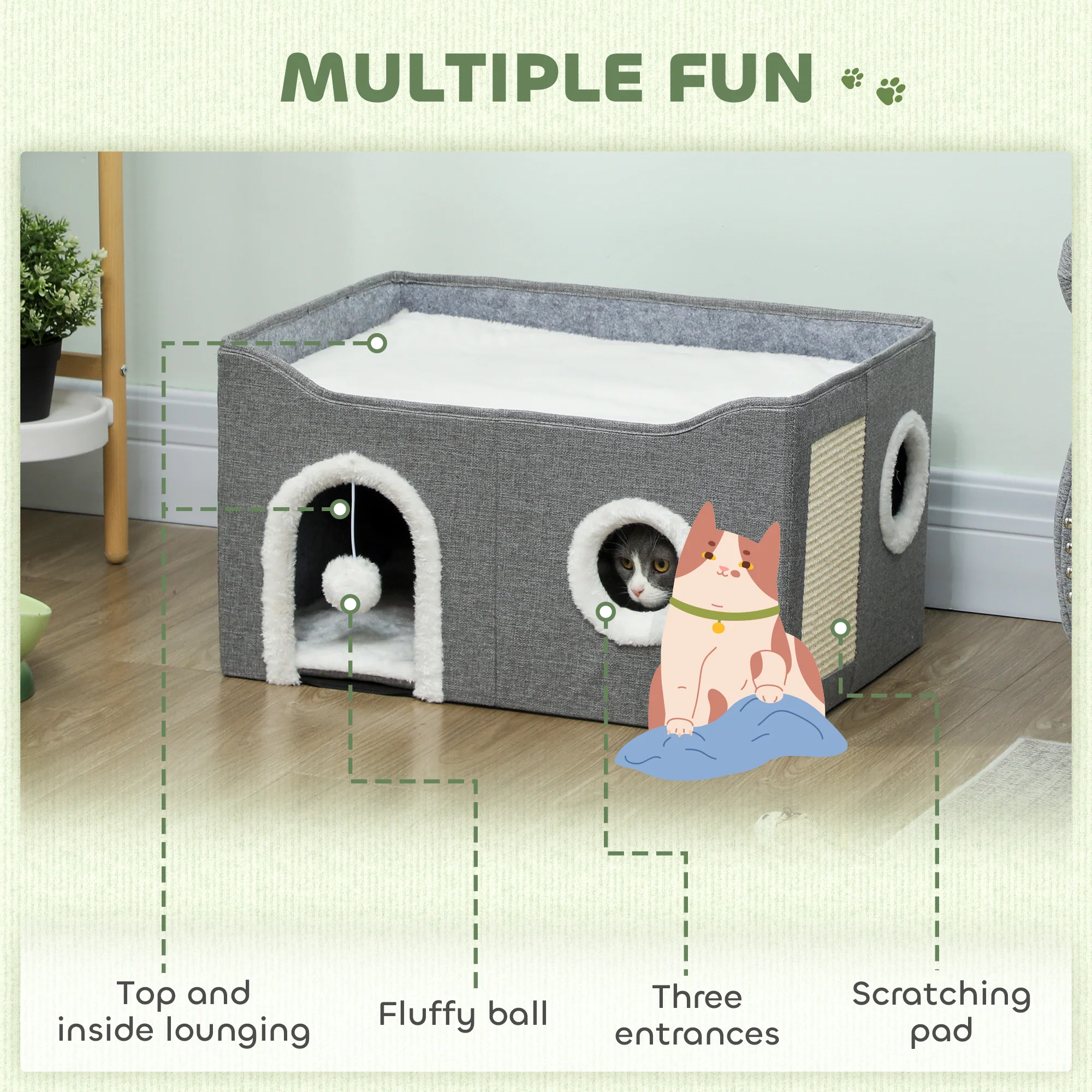 PawHut Cat Bed Cave With Fluffy Ball And Scratch Pad For Indoor Pets - Image 3