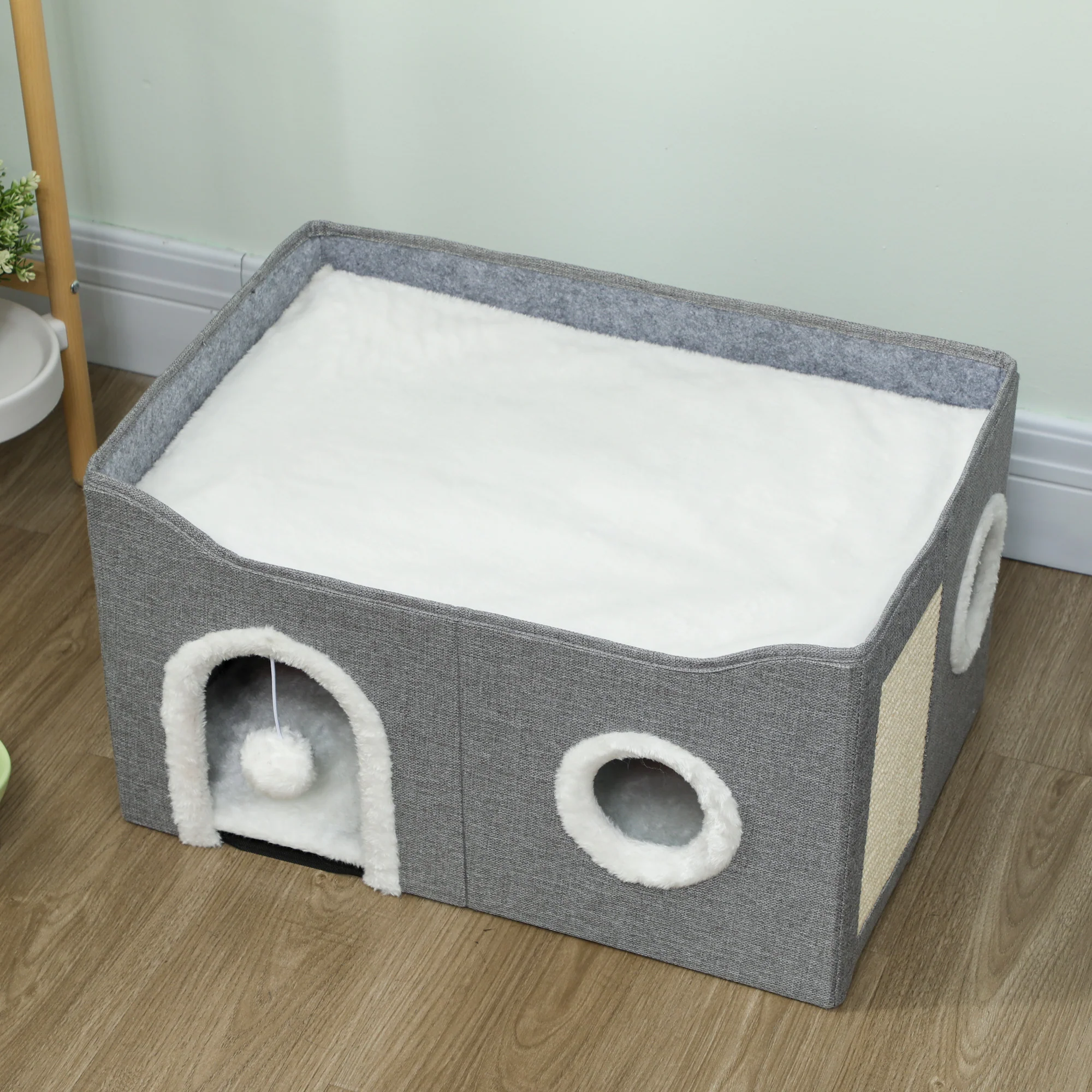 PawHut Cat Bed Cave With Fluffy Ball And Scratch Pad For Indoor Pets - Image 8