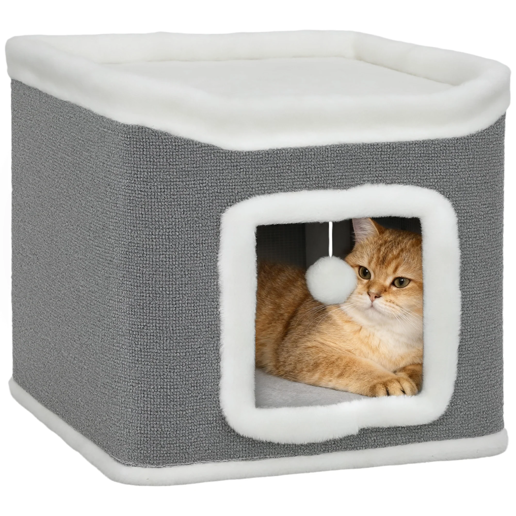 PawHut Cat House for Indoor Kittens, 2-Level Cat Cave Bed, Grey