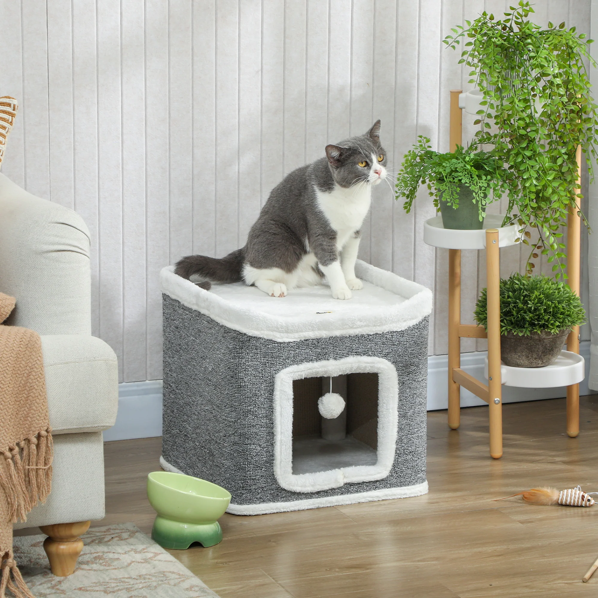 PawHut Cat House for Indoor Kittens, 2-Level Cat Cave Bed, Grey - Image 2