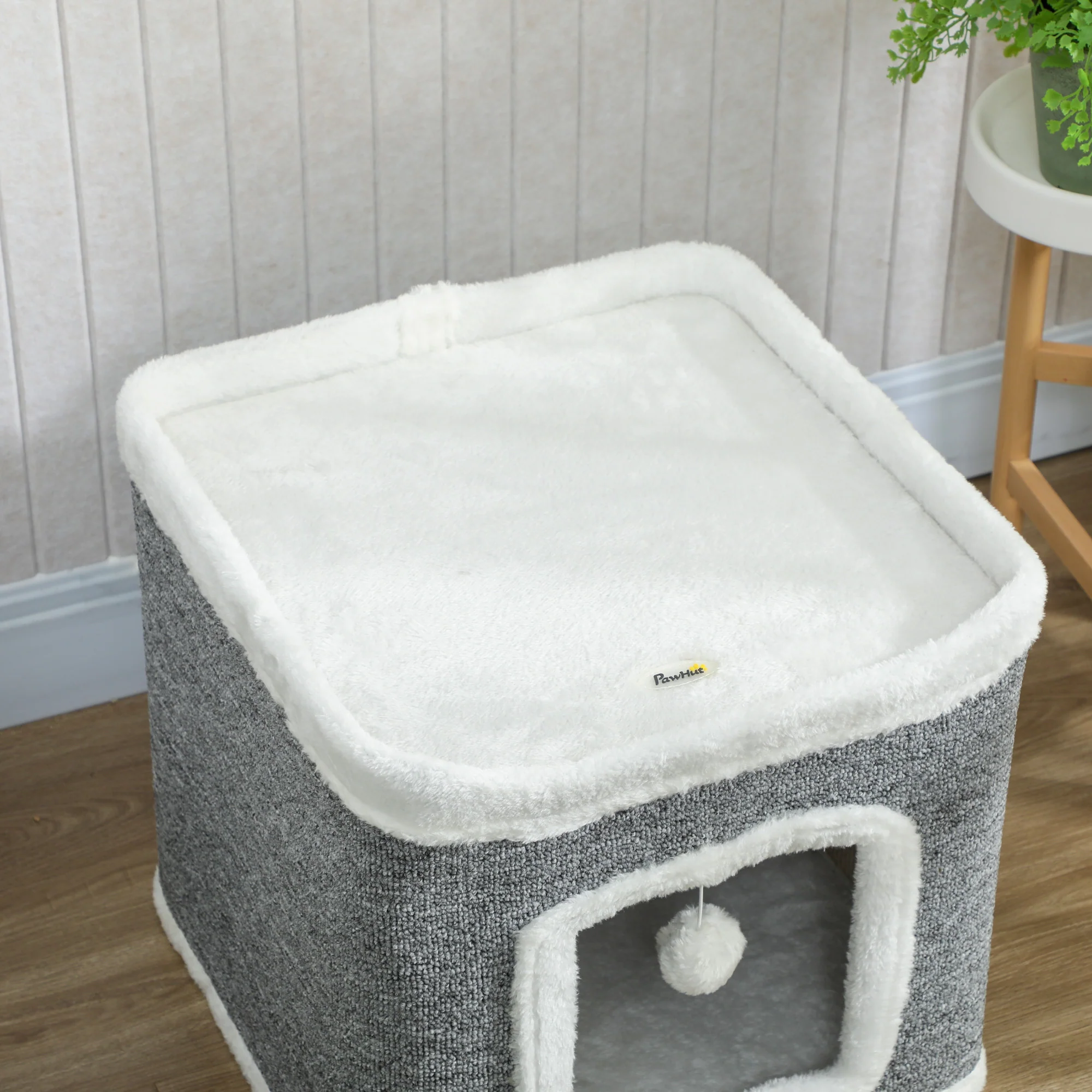PawHut Cat House for Indoor Kittens, 2-Level Cat Cave Bed, Grey - Image 8
