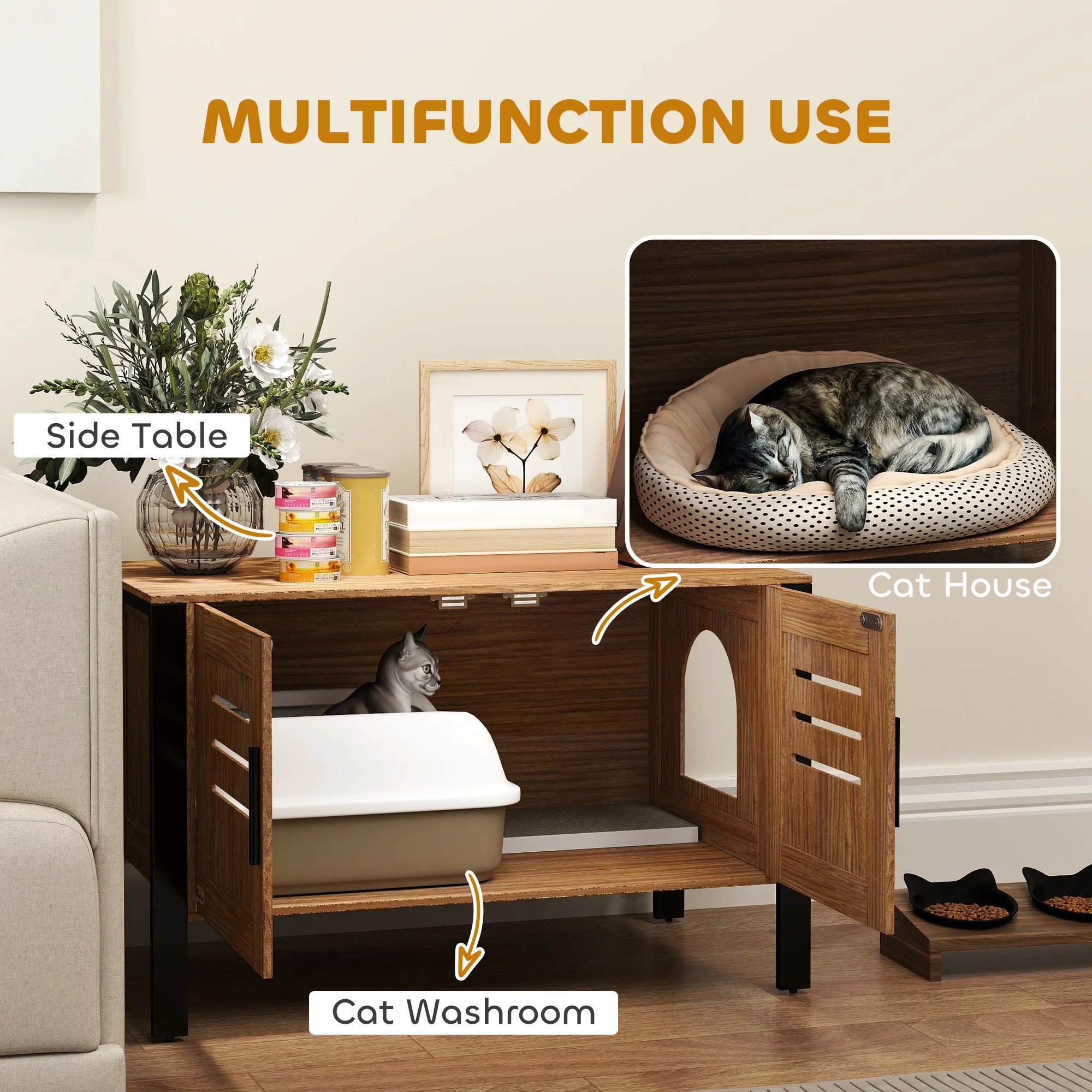 PawHut Cat Litter Box Enclosure w/ Tall Legs, Scratching Board, Dark Brown - Image 3