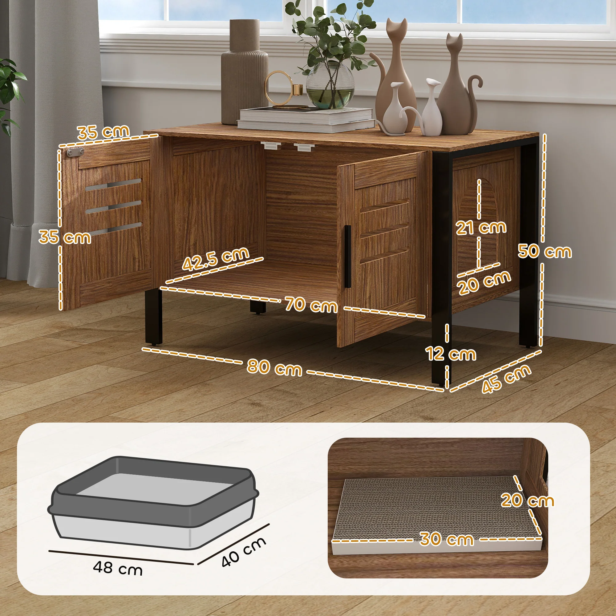 PawHut Cat Litter Box Enclosure w/ Tall Legs, Scratching Board, Dark Brown - Image 5