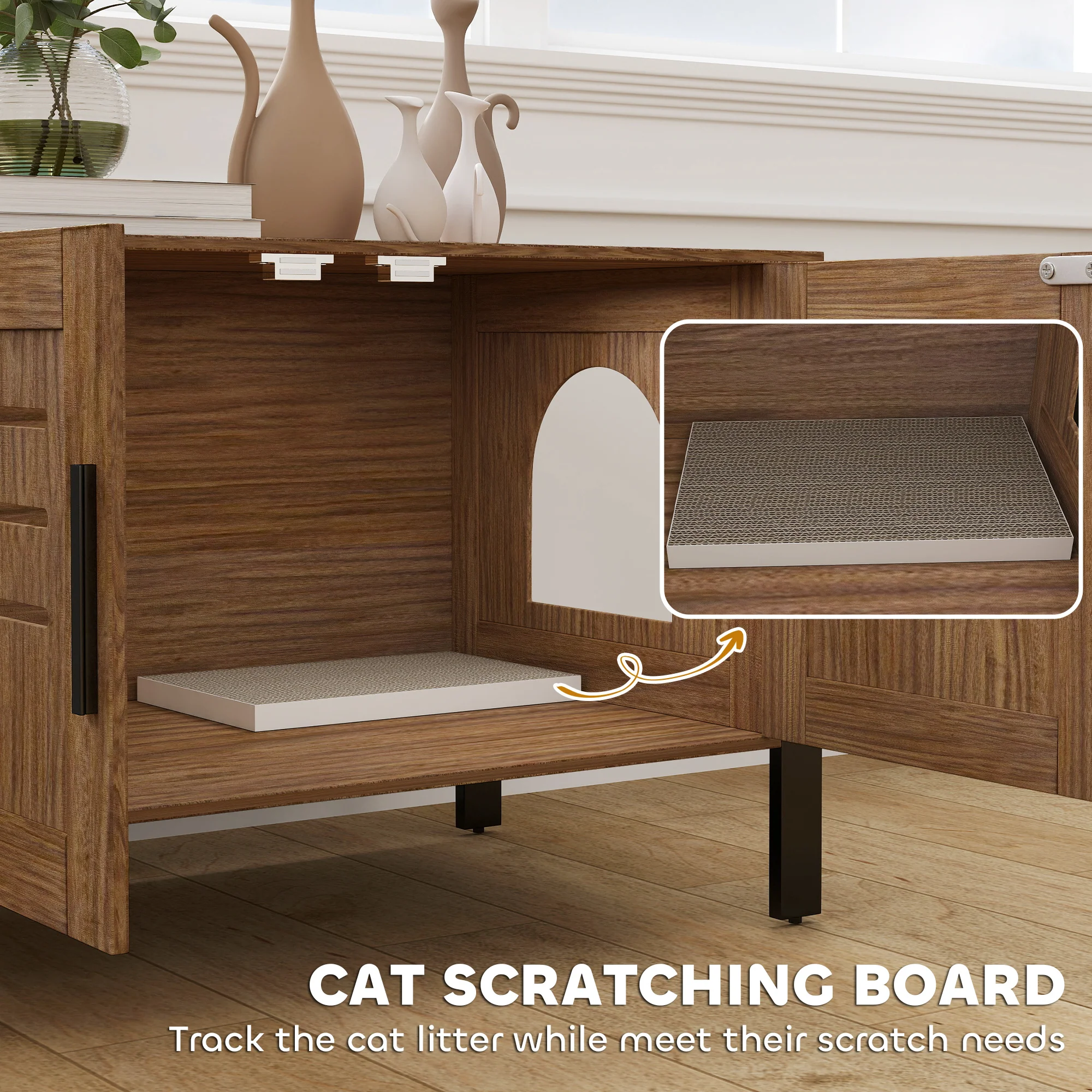PawHut Cat Litter Box Enclosure w/ Tall Legs, Scratching Board, Dark Brown - Image 6