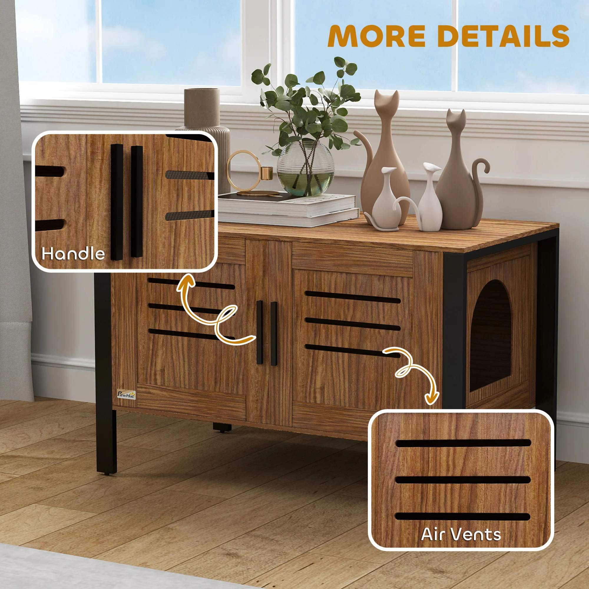 PawHut Cat Litter Box Enclosure w/ Tall Legs, Scratching Board, Dark Brown - Image 8