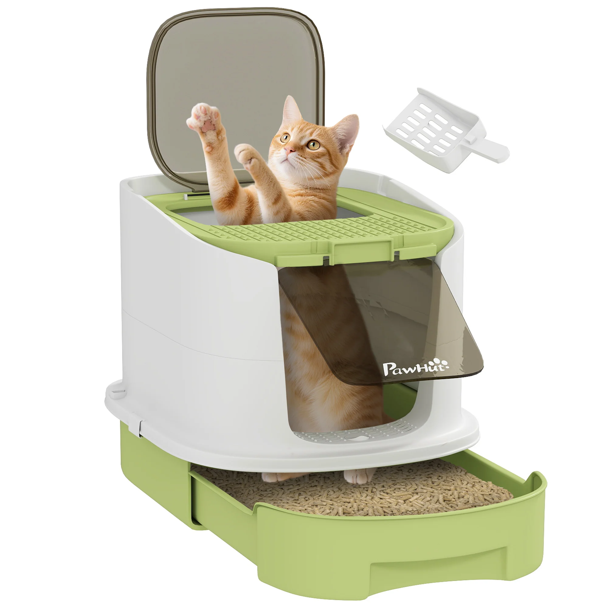 PawHut Cat Litter Box, Hooded Cat Litter Tray With Lid, Scoop, Green