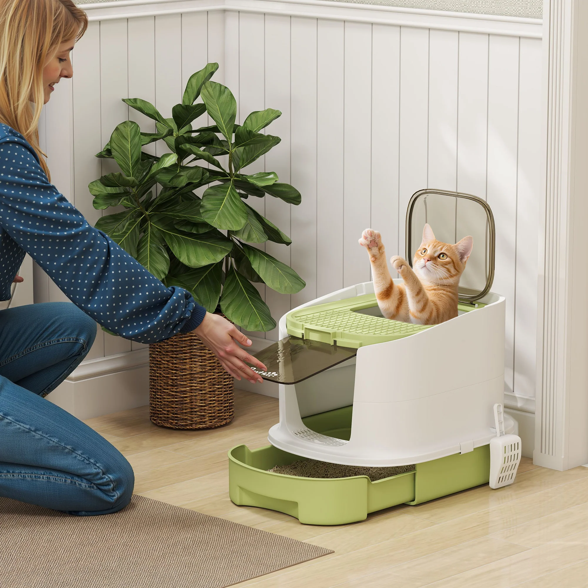 PawHut Cat Litter Box, Hooded Cat Litter Tray With Lid, Scoop, Green - Image 2