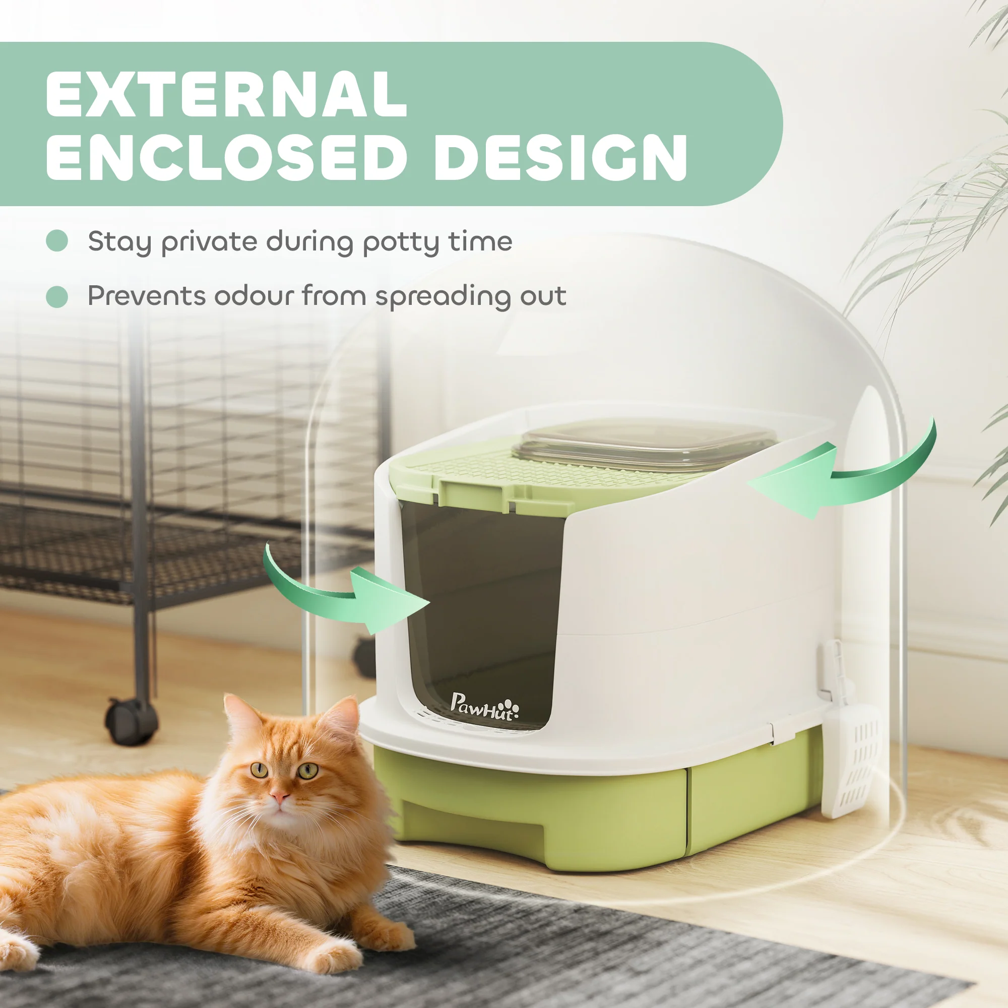 PawHut Cat Litter Box, Hooded Cat Litter Tray With Lid, Scoop, Green - Image 3