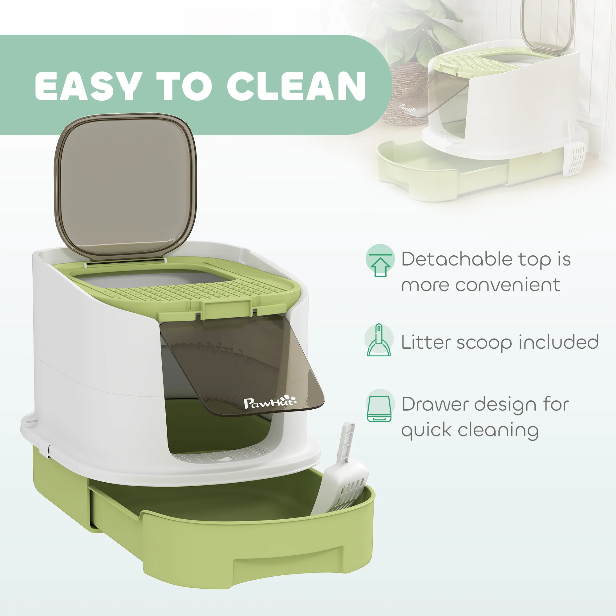 PawHut Cat Litter Box, Hooded Cat Litter Tray With Lid, Scoop, Green - Image 4