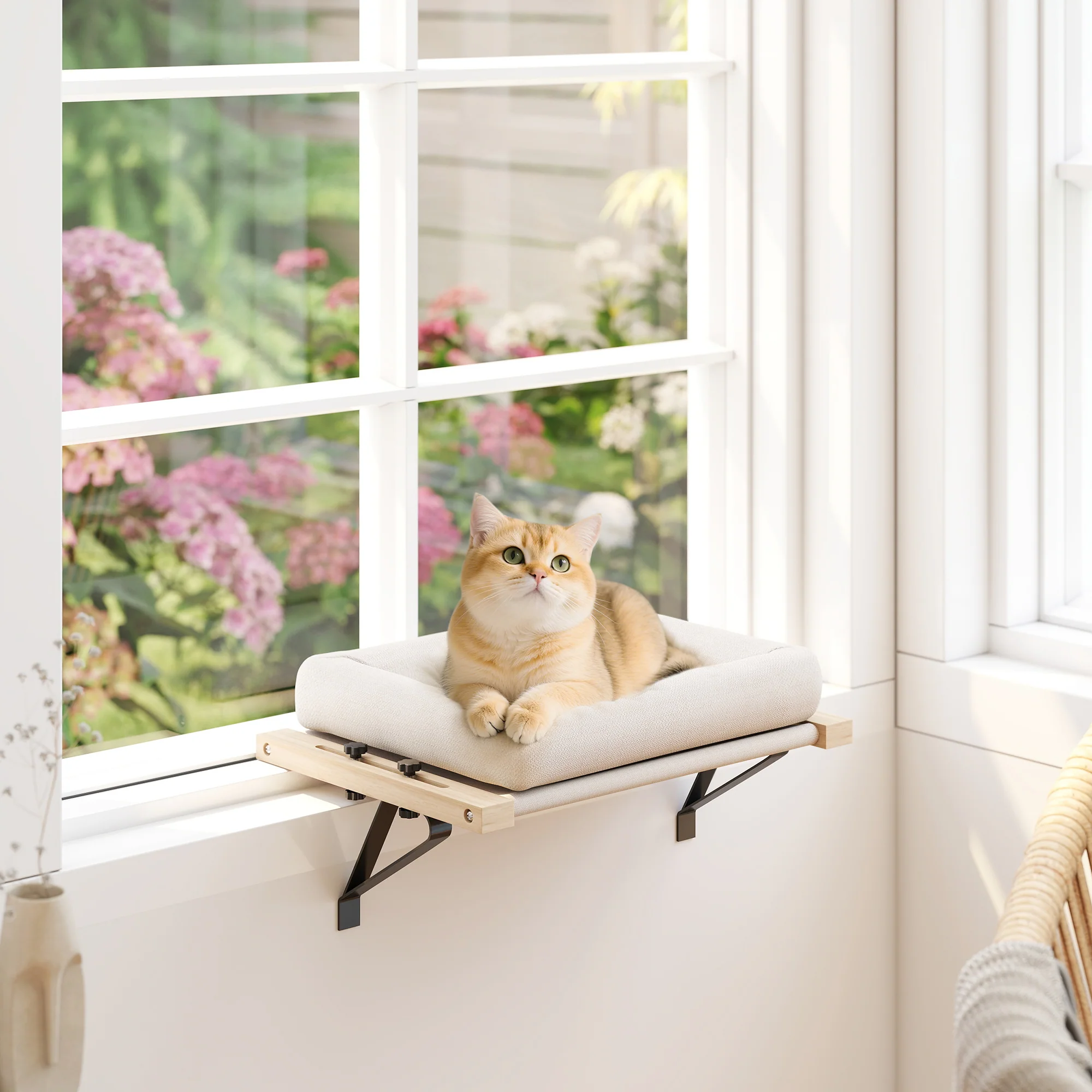 PawHut Cat Radiator Bed, Adjustable Hanging Cat Hammock with Cushion, Cream - Image 2