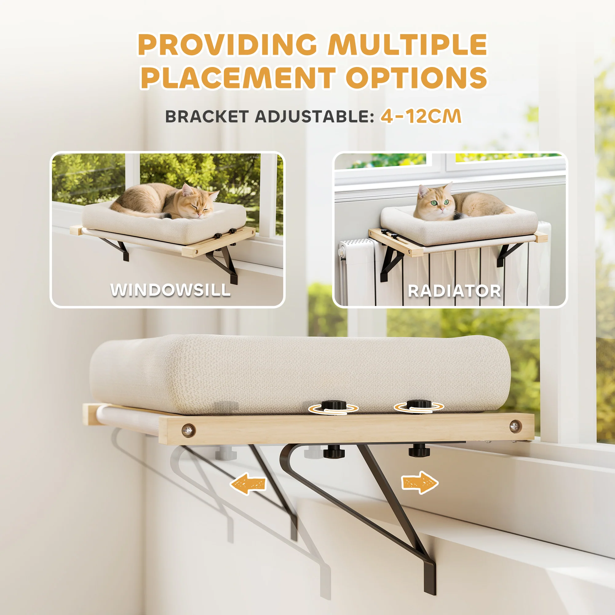 PawHut Cat Radiator Bed, Adjustable Hanging Cat Hammock with Cushion, Cream - Image 3