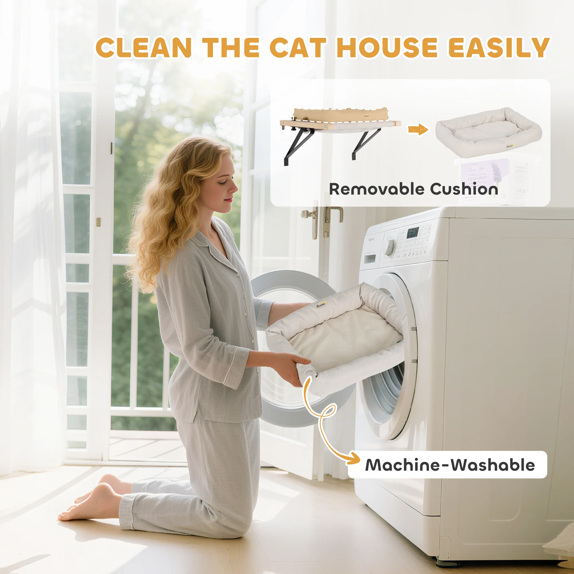 PawHut Cat Radiator Bed, Adjustable Hanging Cat Hammock with Cushion, Cream - Image 6