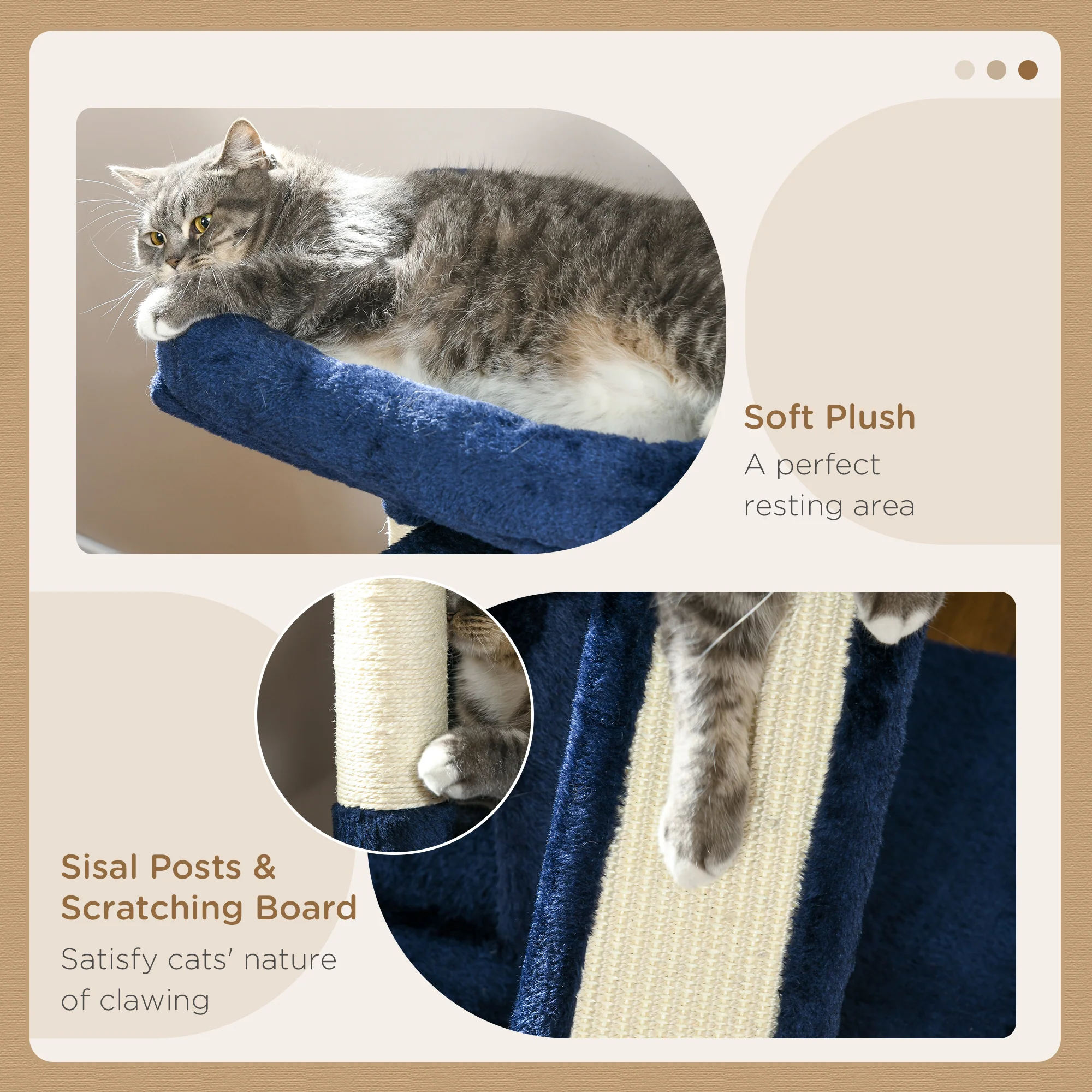 PawHut Cat Rest & Play Activity Tree W/ 2 House Perch Scratching Post Navy Blue - Image 4