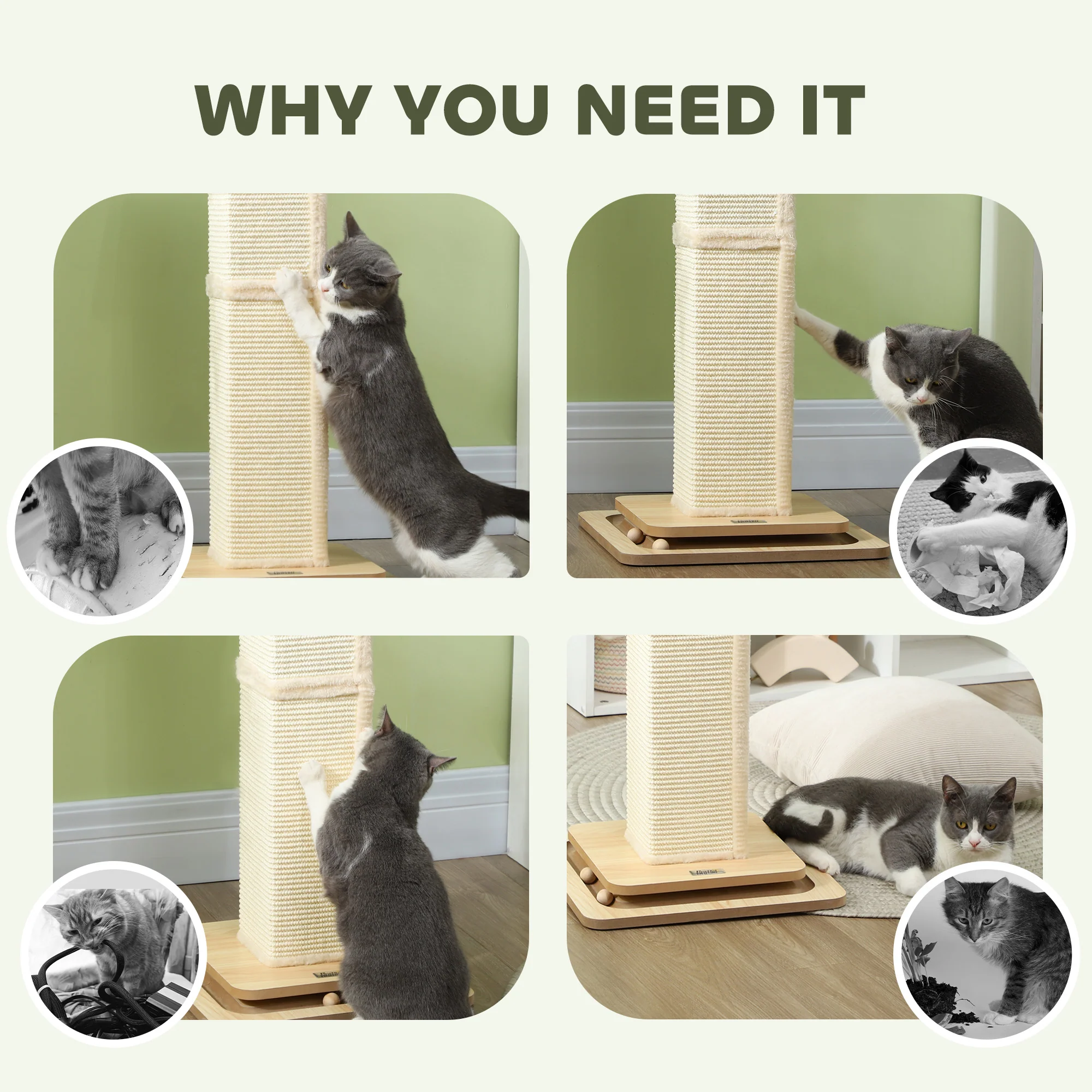 PawHut Cat Scratching Post 3 In 1 Cat Scratcher W/ Track Ball Toy - Image 15