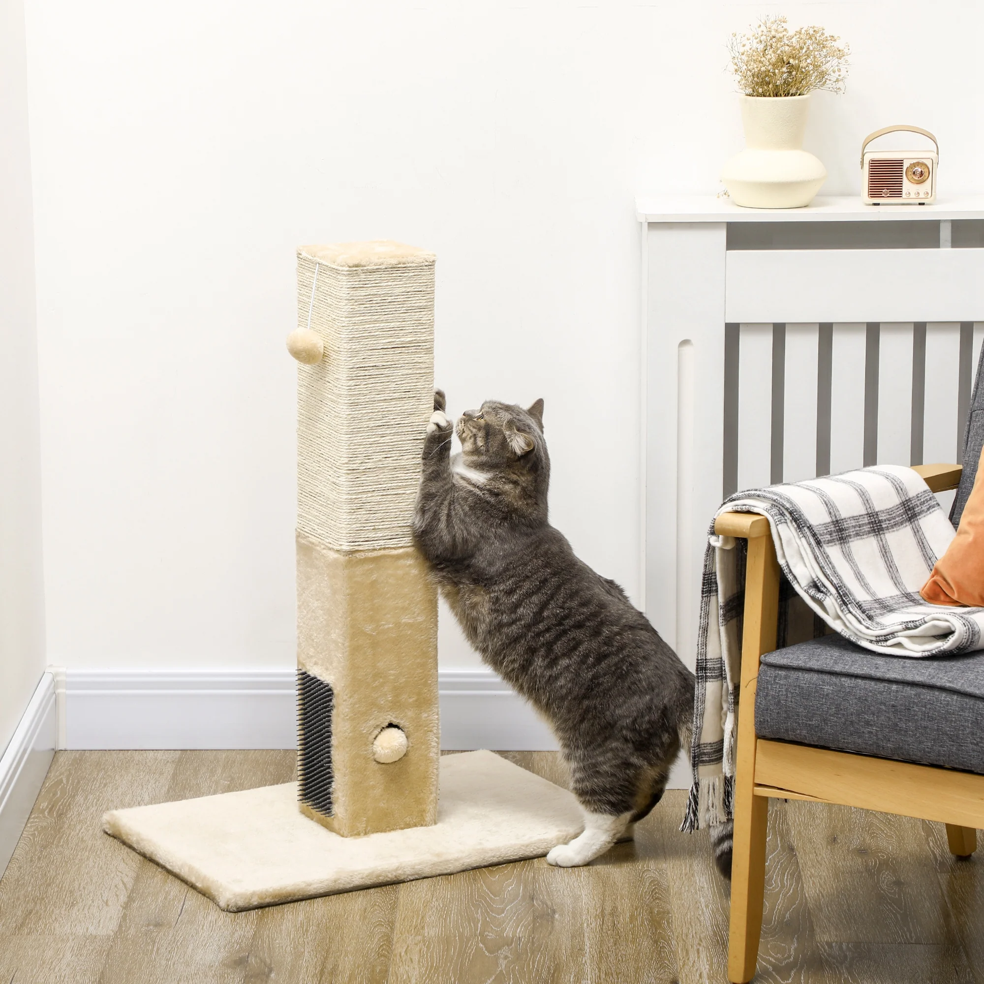 PawHut Cat Scratching Post Scratcher Climber w/ Carpet Base Hanging Toy - Beige - Image 2