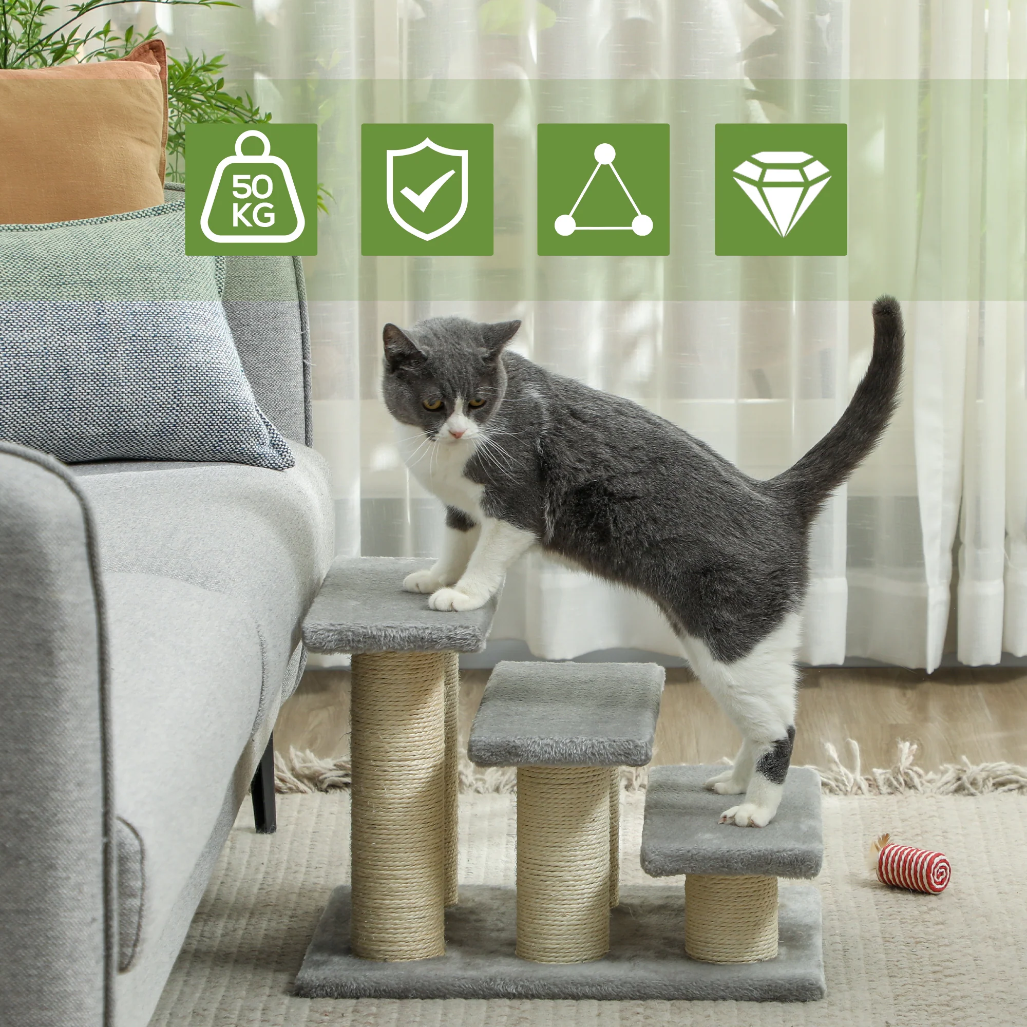 PawHut Cat Steps 3 Stairs Deluxe Pet Portable Easy Climb Assistance Lightweight - Image 3
