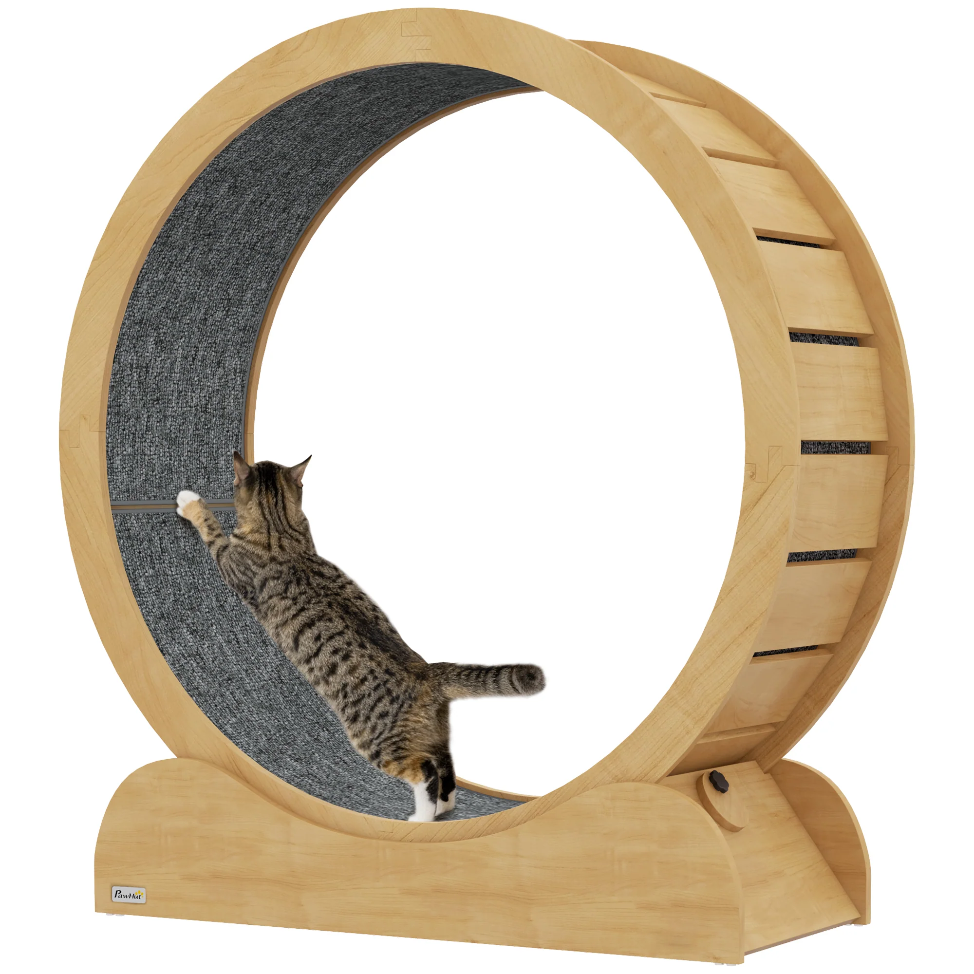 PawHut Cat Treadmill, 39.4 Inch Wooden Cat Running Wheel With Brake - White/Natural Wood Finish - Image 10