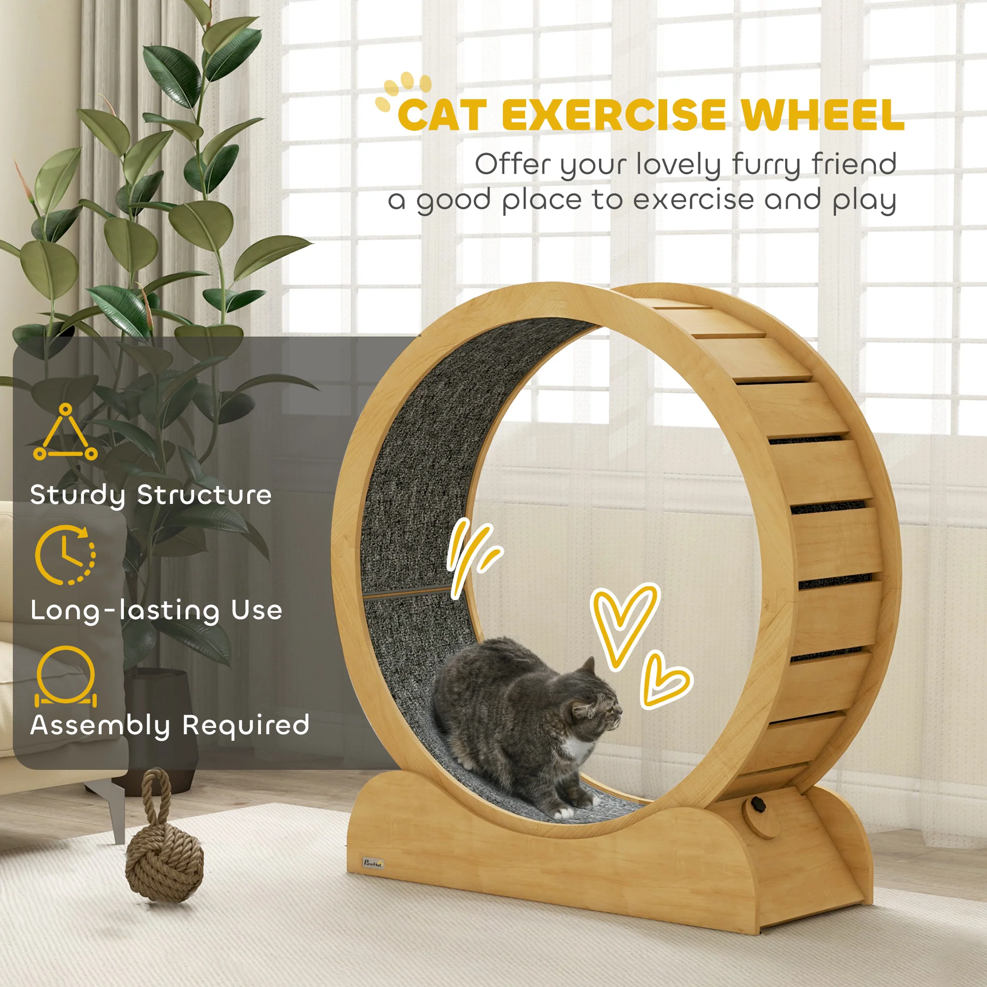 PawHut Cat Treadmill, 39.4 Inch Wooden Cat Running Wheel With Brake - White/Natural Wood Finish - Image 12