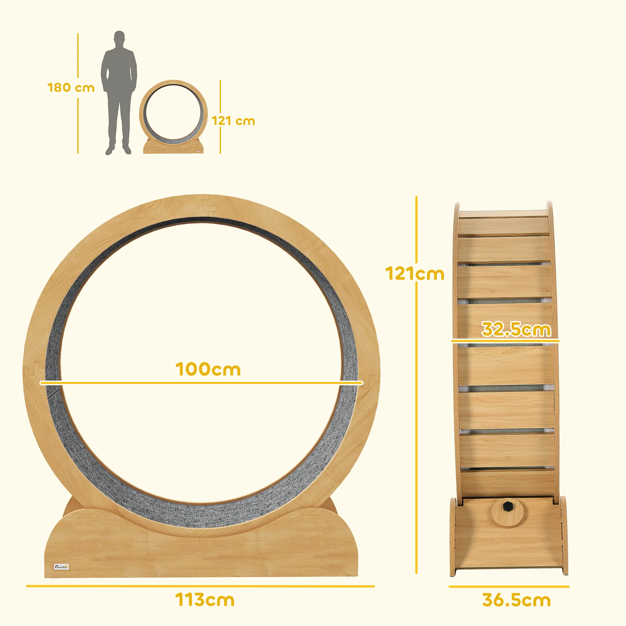 PawHut Cat Treadmill, 39.4 Inch Wooden Cat Running Wheel With Brake - White/Natural Wood Finish - Image 14
