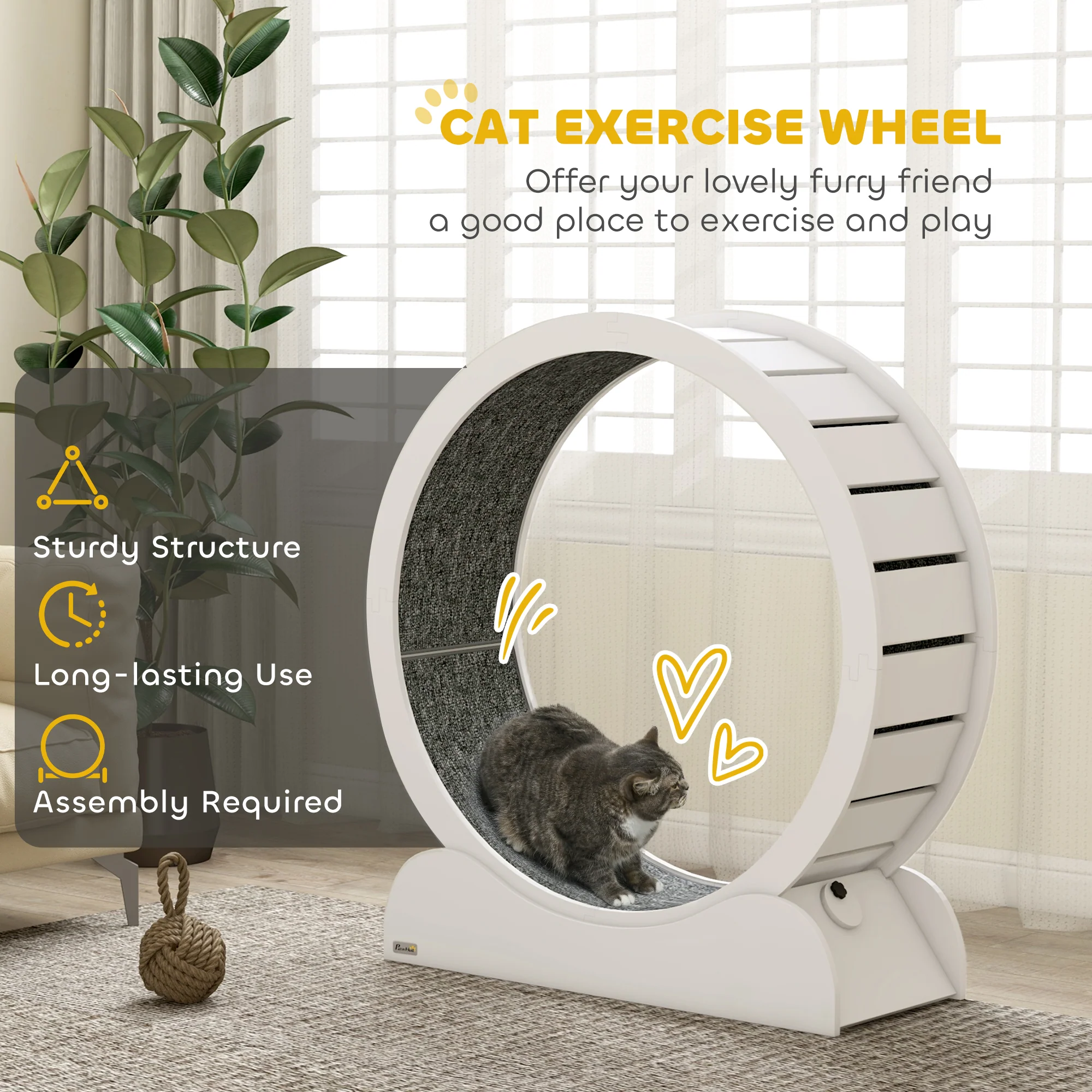 PawHut Cat Treadmill, 39.4 Inch Wooden Cat Running Wheel With Brake - White/Natural Wood Finish - Image 3