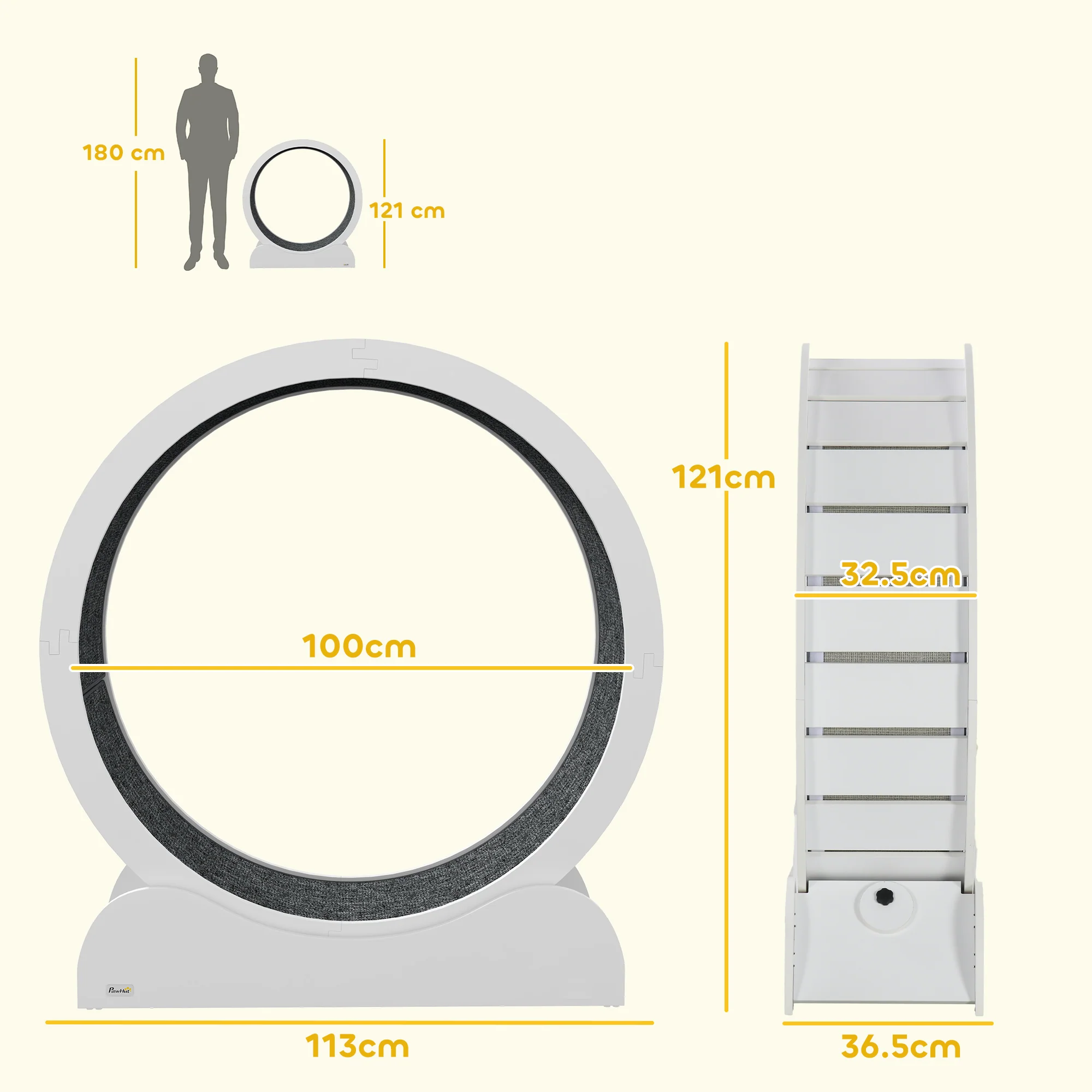 PawHut Cat Treadmill, 39.4 Inch Wooden Cat Running Wheel With Brake - White/Natural Wood Finish - Image 5