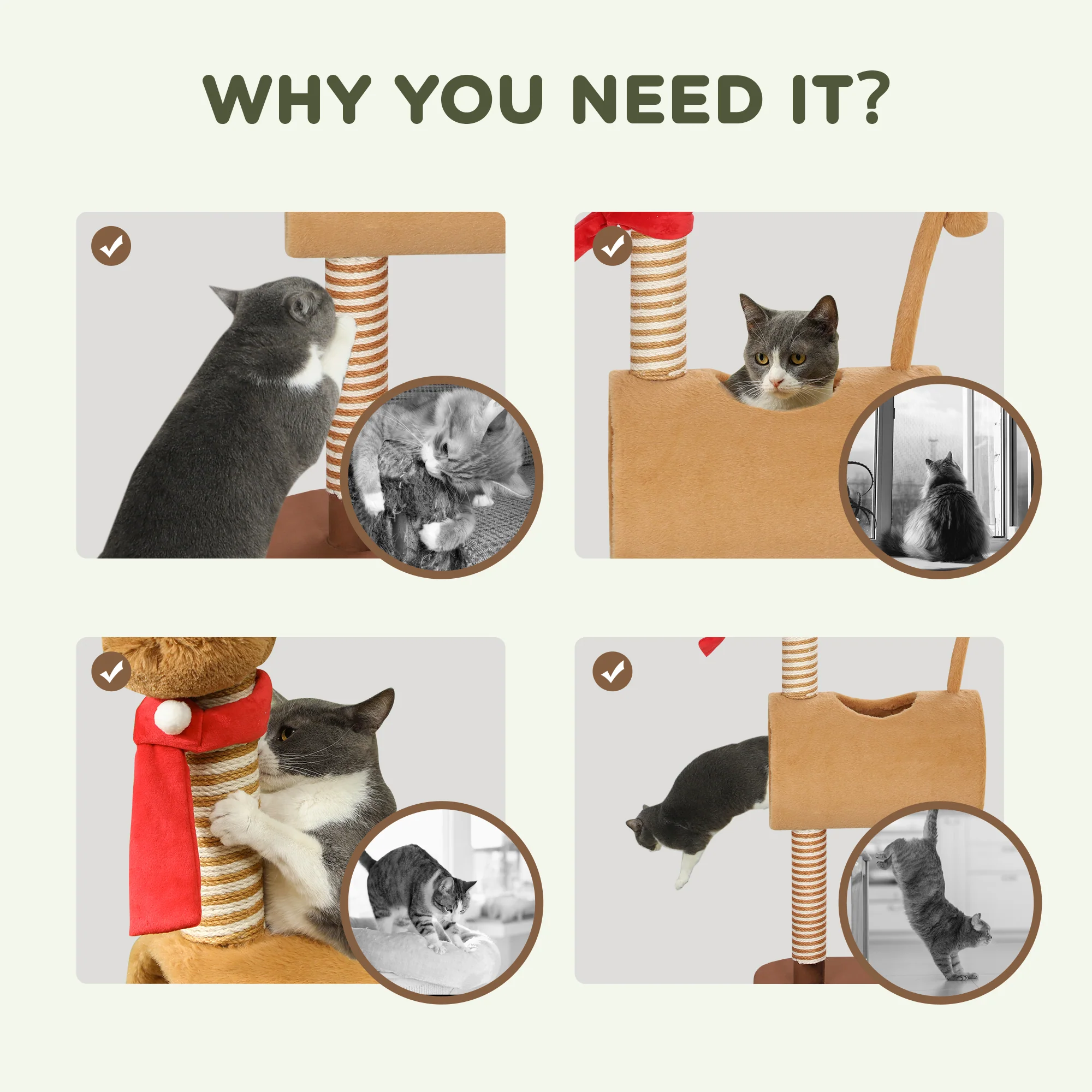 PawHut Cat Tree, 98cm Deer-Designed Cat Tower For Indoor Cats - Image 6