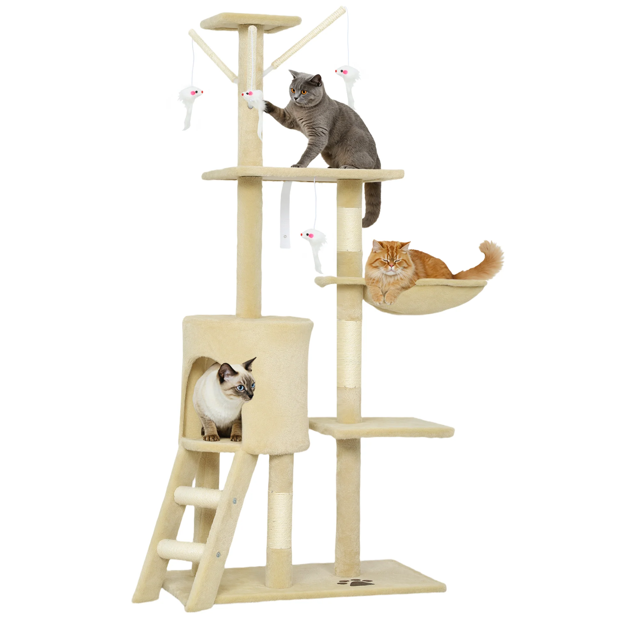 PawHut Cat Tree For Indoor Cats, 134cm Scratching Post Climbing Tower, Beige