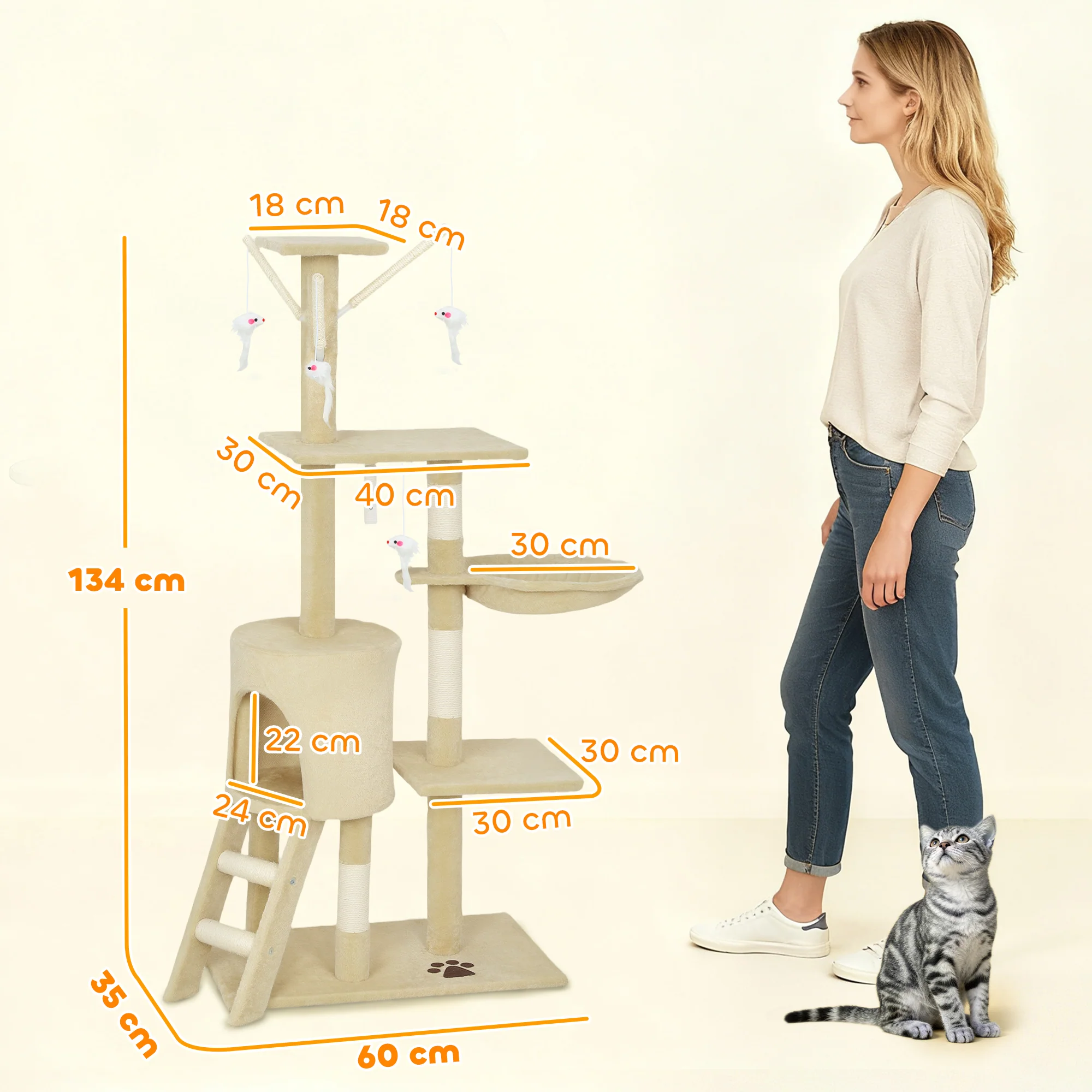 PawHut Cat Tree For Indoor Cats, 134cm Scratching Post Climbing Tower, Beige - Image 5