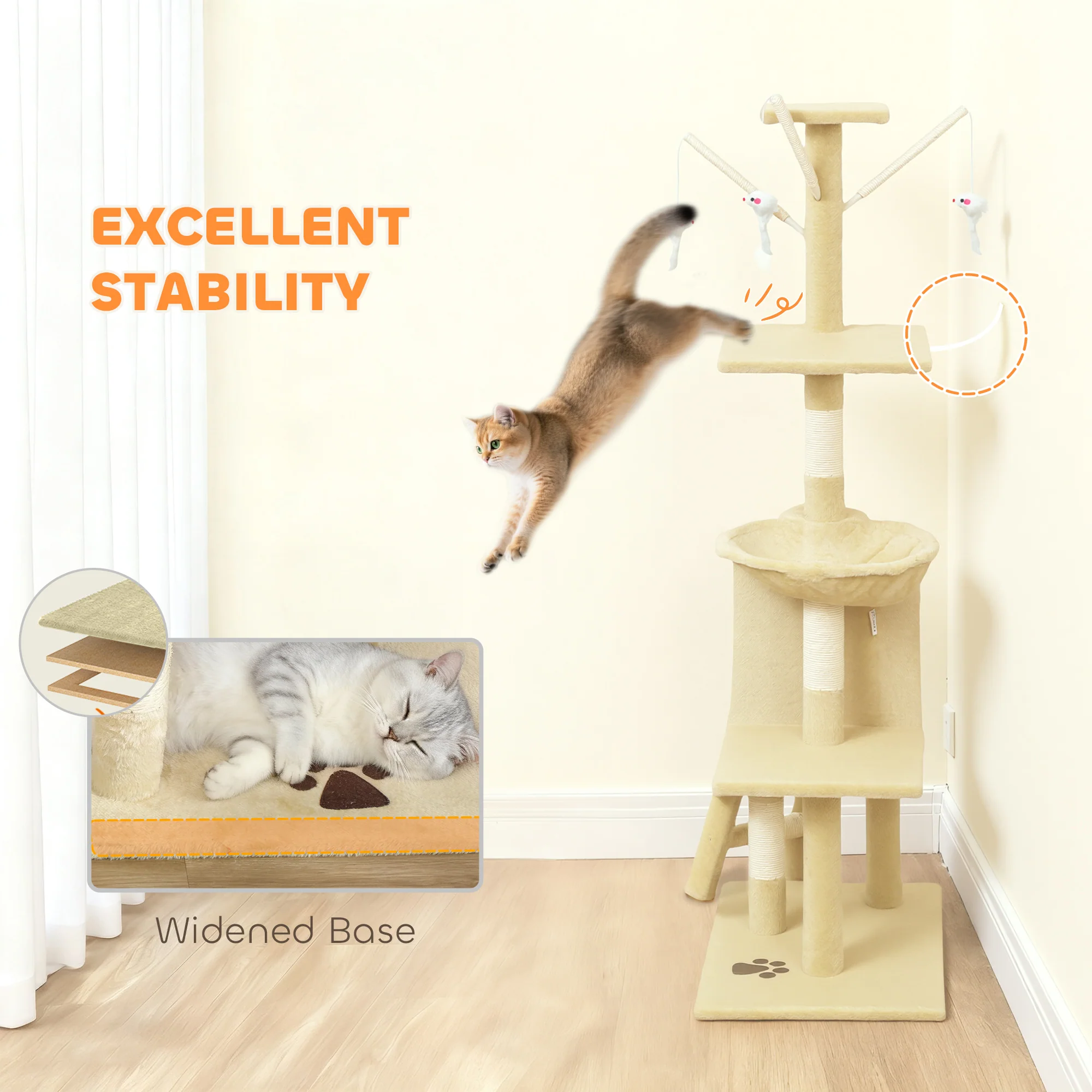PawHut Cat Tree For Indoor Cats, 134cm Scratching Post Climbing Tower, Beige - Image 6