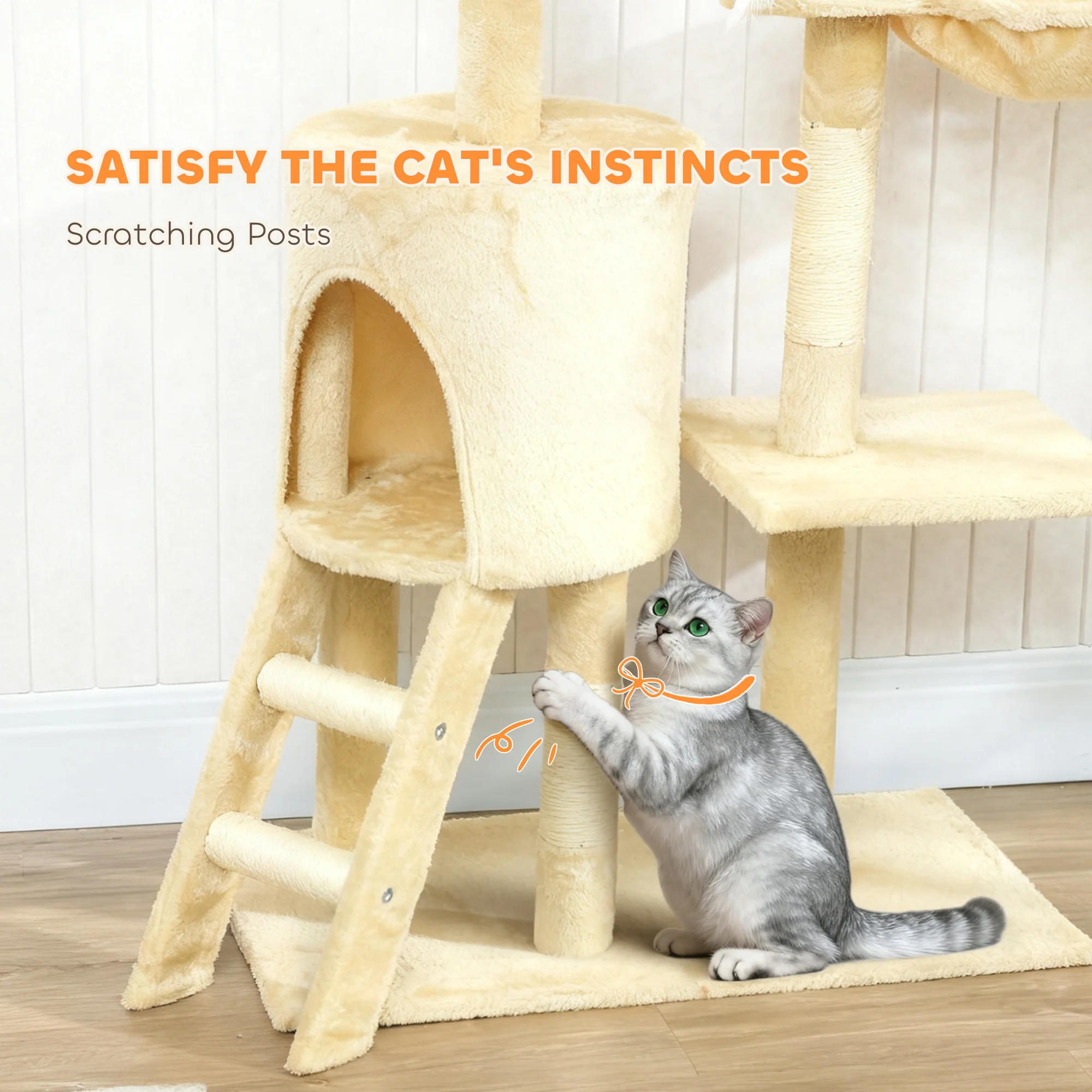 PawHut Cat Tree For Indoor Cats, 134cm Scratching Post Climbing Tower, Beige - Image 7