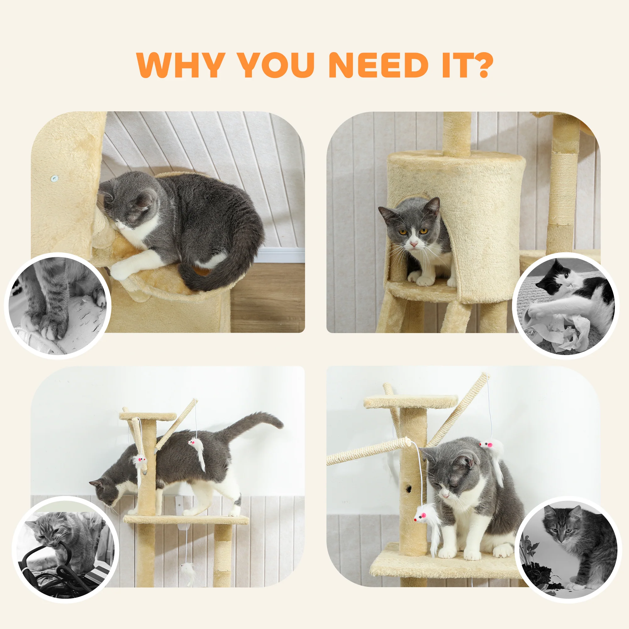 PawHut Cat Tree For Indoor Cats, 134cm Scratching Post Climbing Tower, Beige - Image 8
