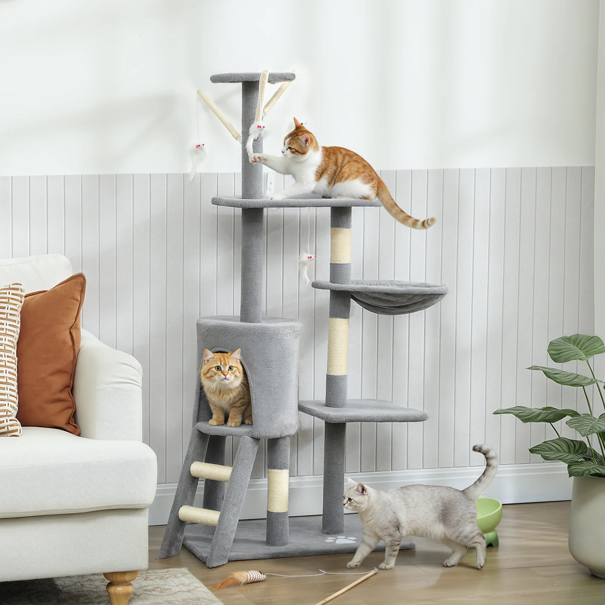 PawHut Cat Tree For Indoor Cats, 134cm Scratching Post Climbing Tower, Grey - Image 2