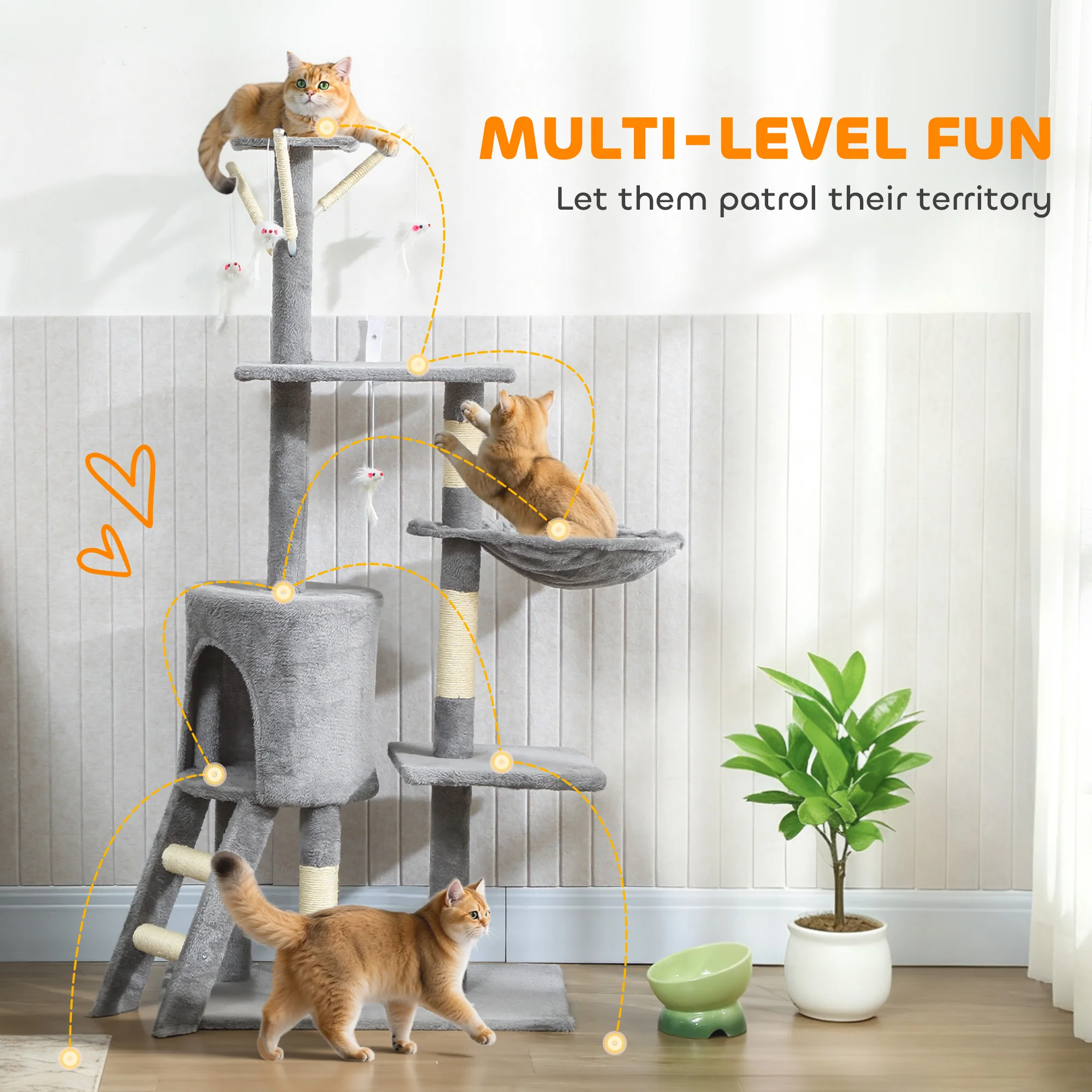 PawHut Cat Tree For Indoor Cats, 134cm Scratching Post Climbing Tower, Grey - Image 3